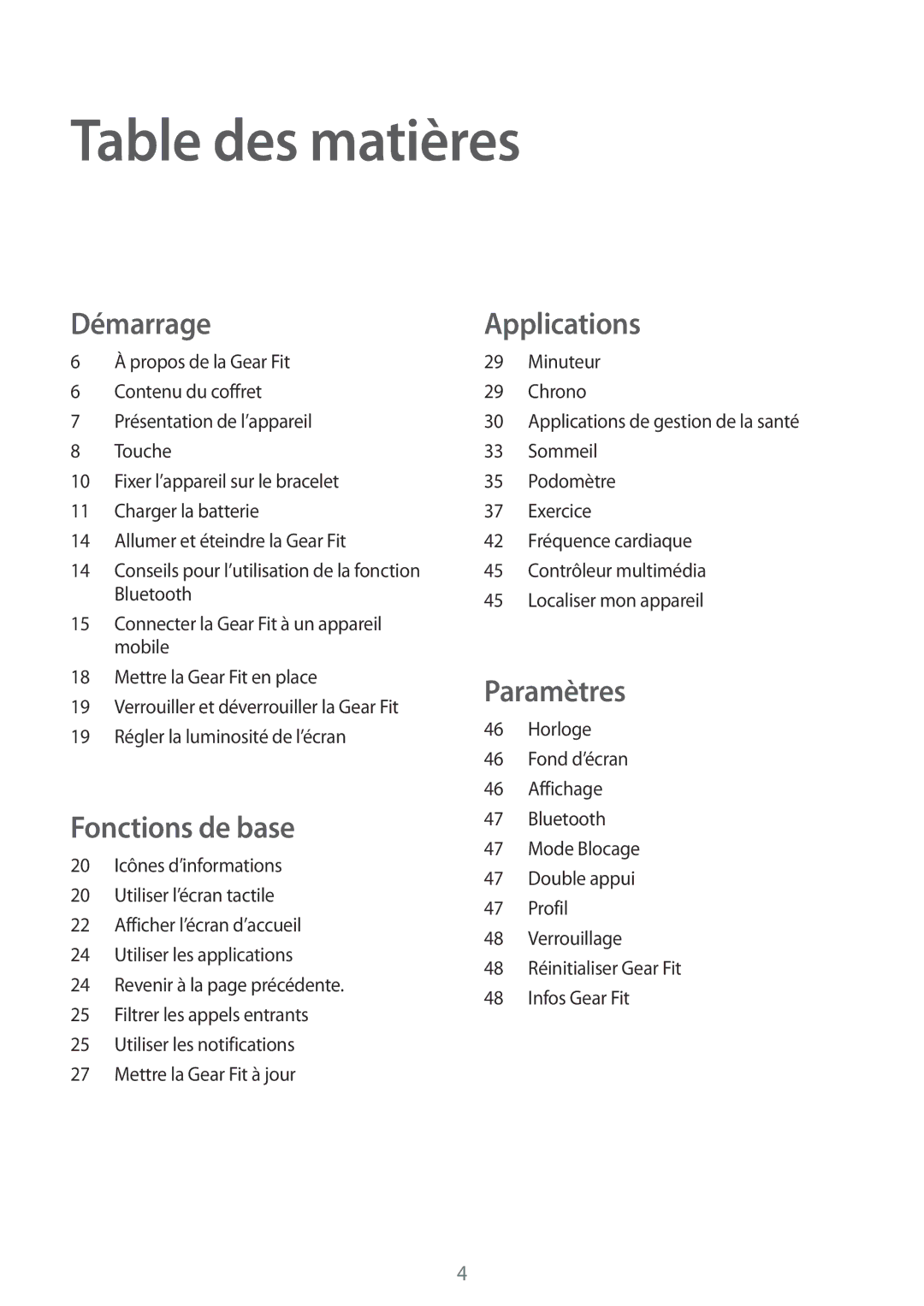 Samsung SM-R3500ZKAEUX, SM-R3500ZKAXEF manual Table des matières, Démarrage 