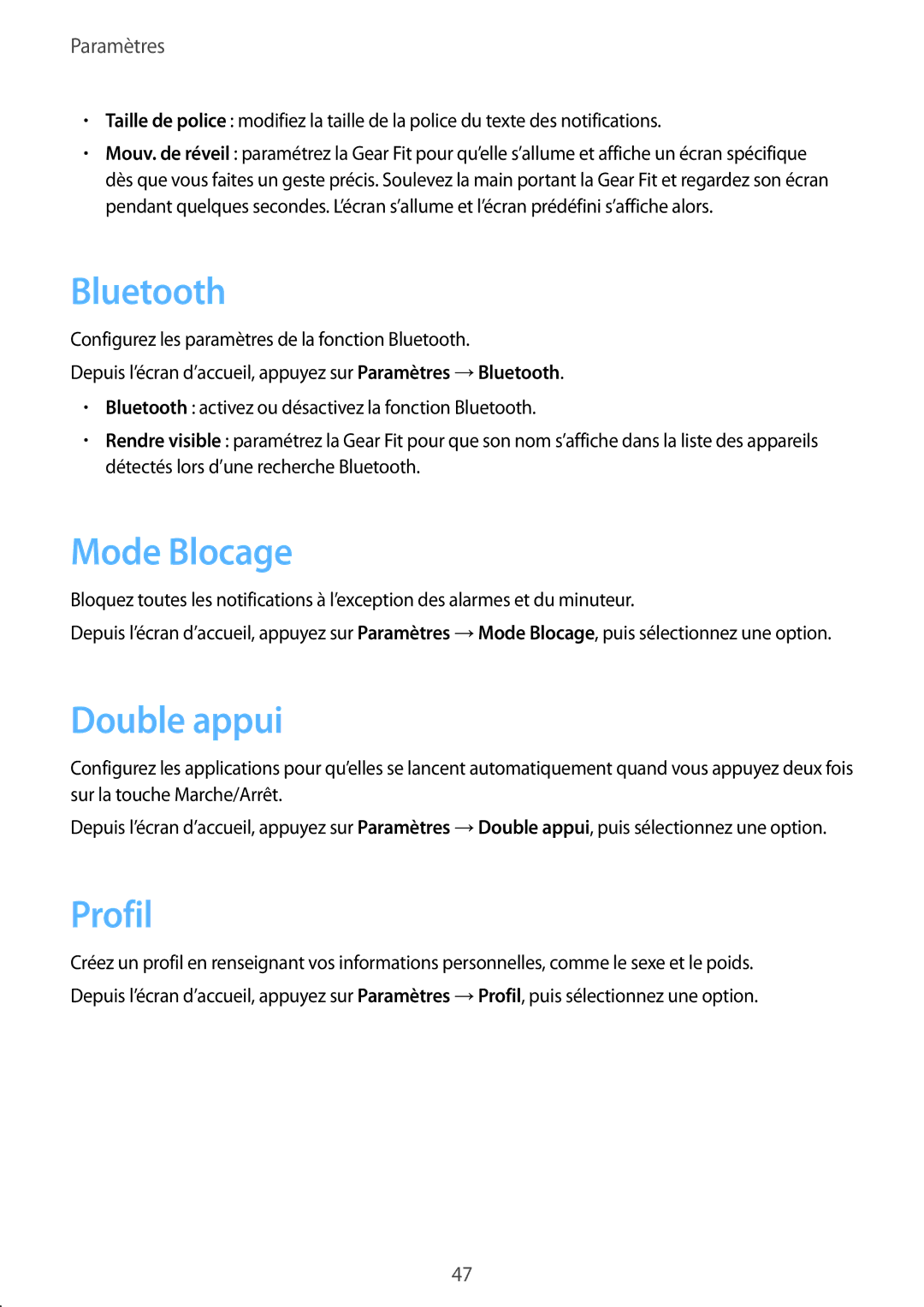 Samsung SM-R3500ZKAXEF, SM-R3500ZKAEUX manual Bluetooth, Mode Blocage, Double appui, Profil 