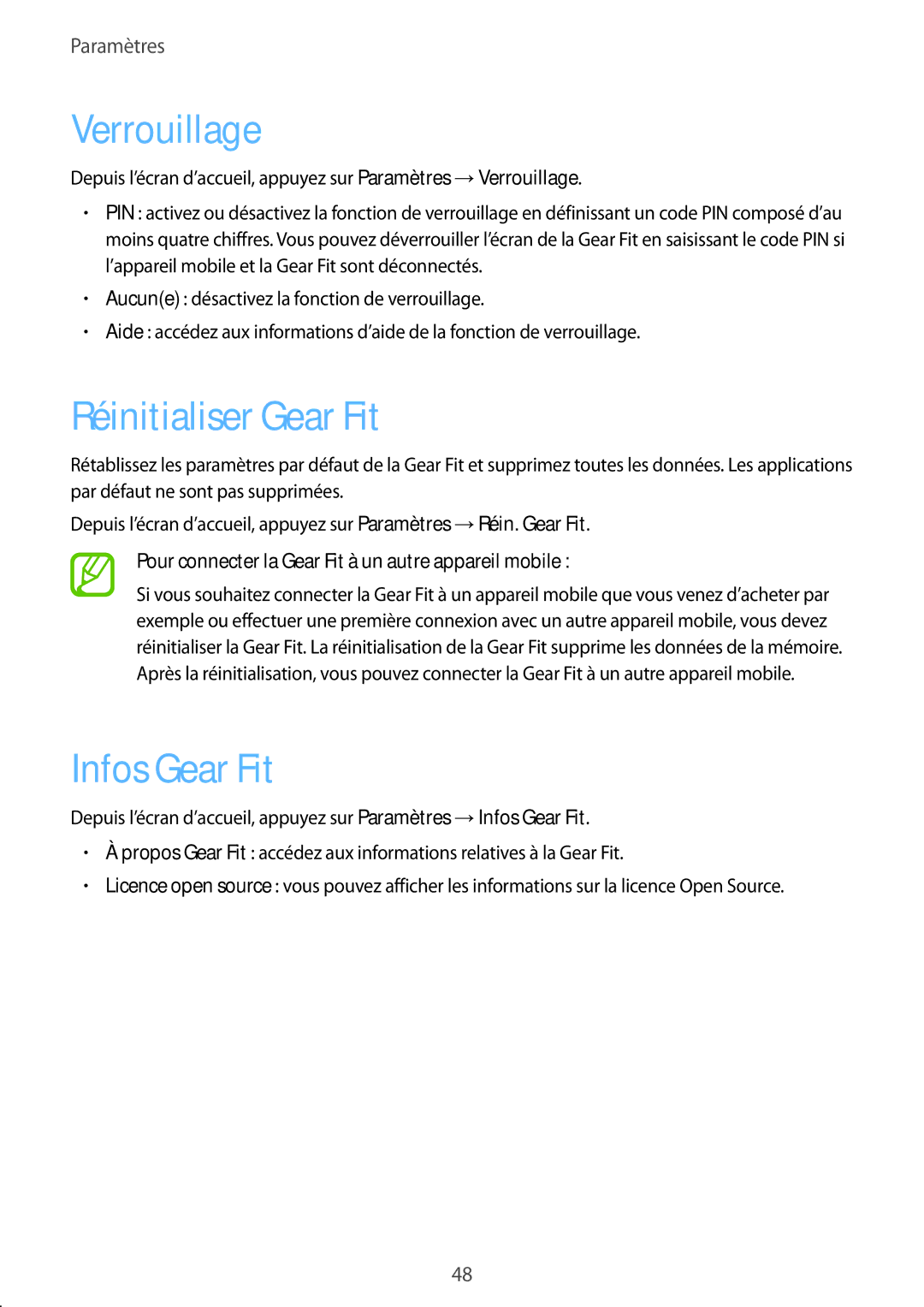 Samsung SM-R3500ZKAEUX, SM-R3500ZKAXEF manual Verrouillage, Réinitialiser Gear Fit, Infos Gear Fit 