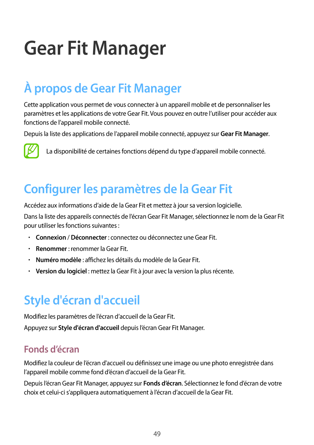 Samsung SM-R3500ZKAXEF Propos de Gear Fit Manager, Configurer les paramètres de la Gear Fit, Style décran daccueil 