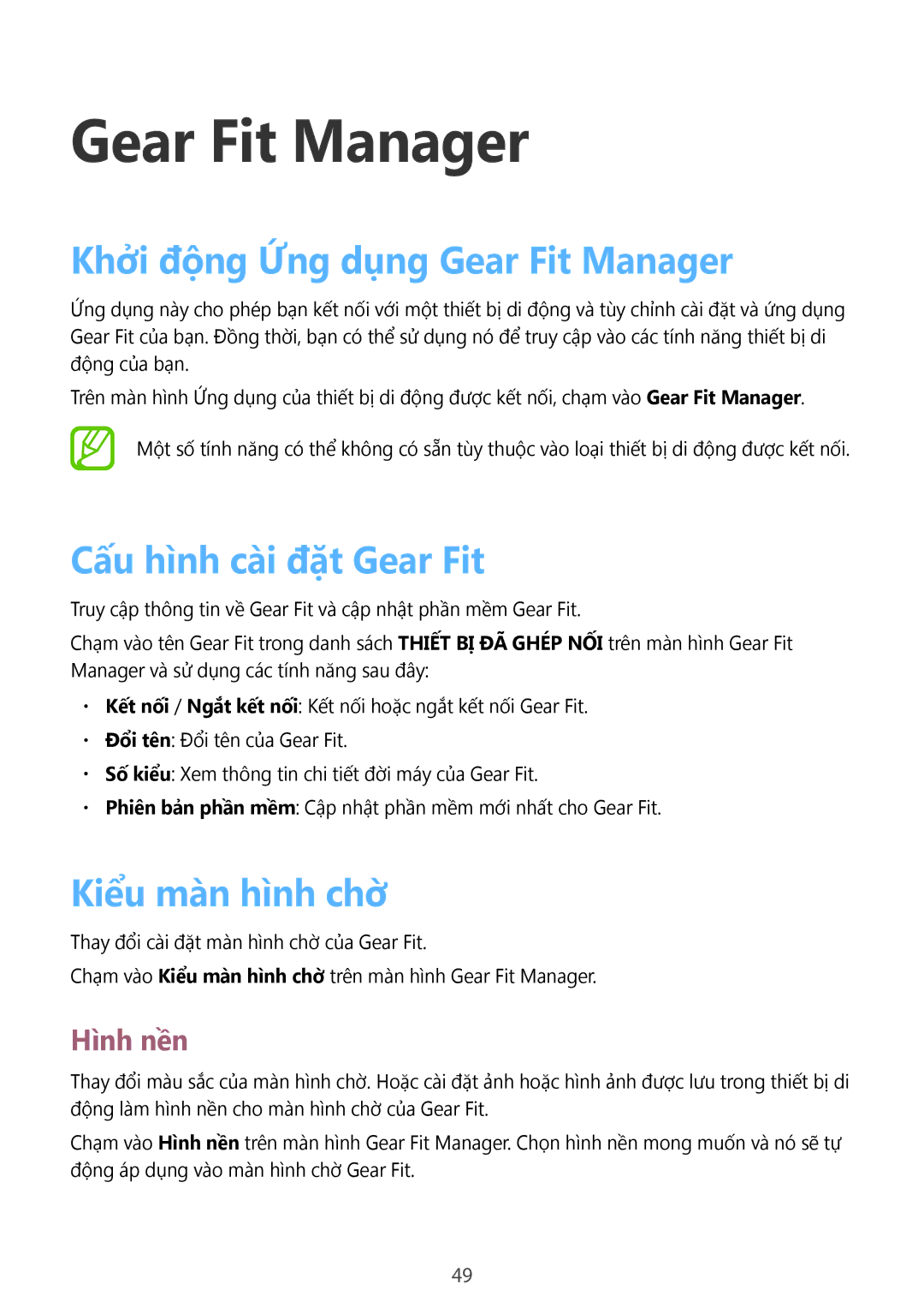 Samsung SM-R3500ZKAXXV Khởi động Ứng dụng Gear Fit Manager, Cấu hình cài đặt Gear Fit, Kiểu màn hình chờ, Hình nền 