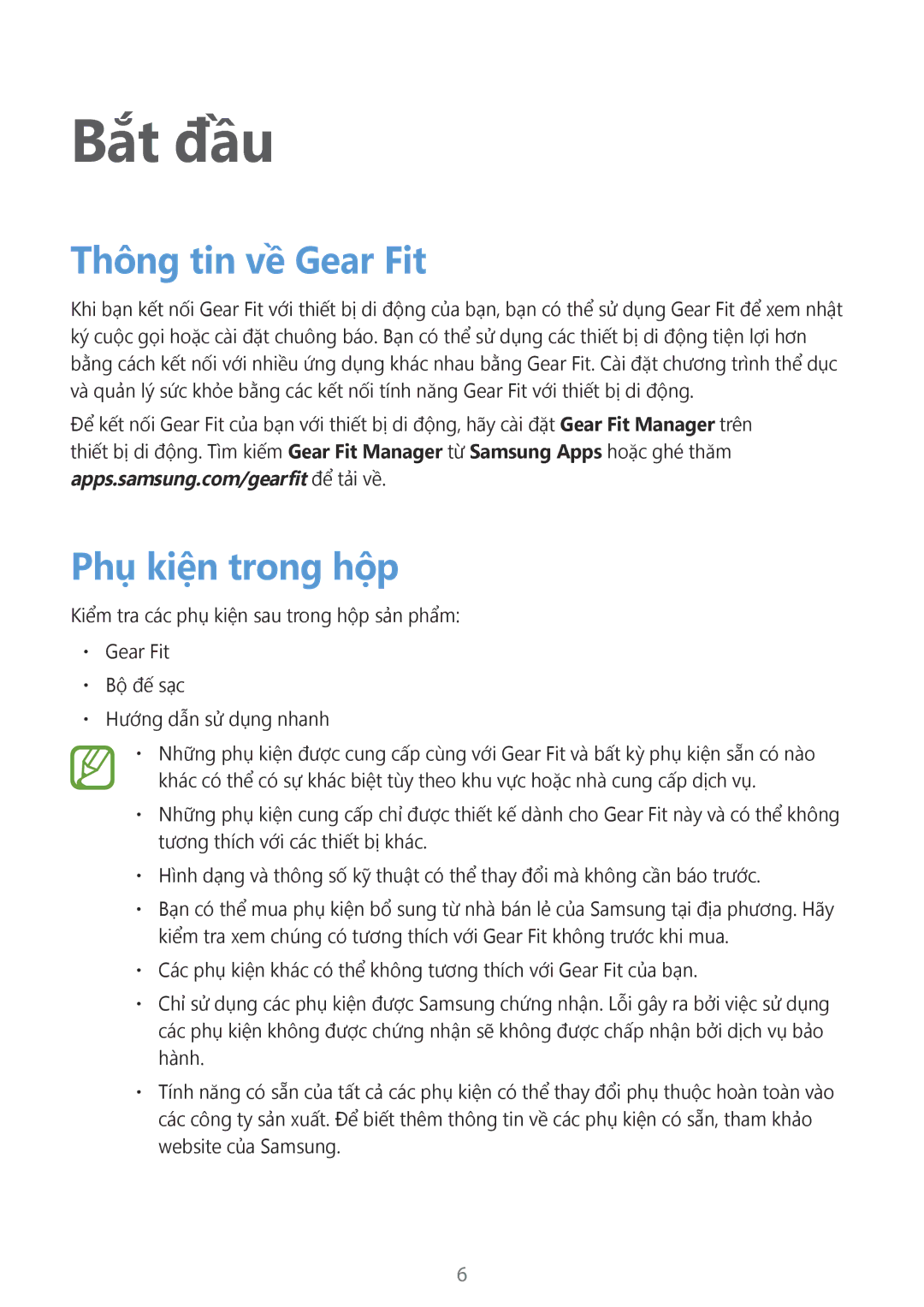 Samsung SM-R3500ZKAEUX, SM-R3500ZKAXXV manual Bắt đầu, Thông tin về Gear Fit, Phụ kiện trong hộp 