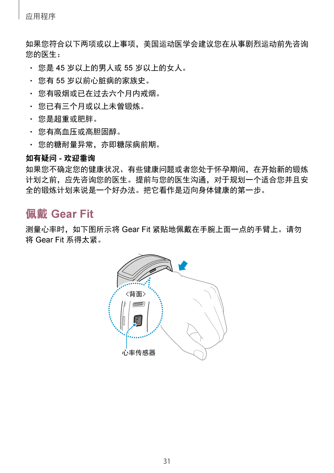 Samsung SM-R3500ZKAXXV, SM-R3500ZKAEUX manual 佩戴 Gear Fit 