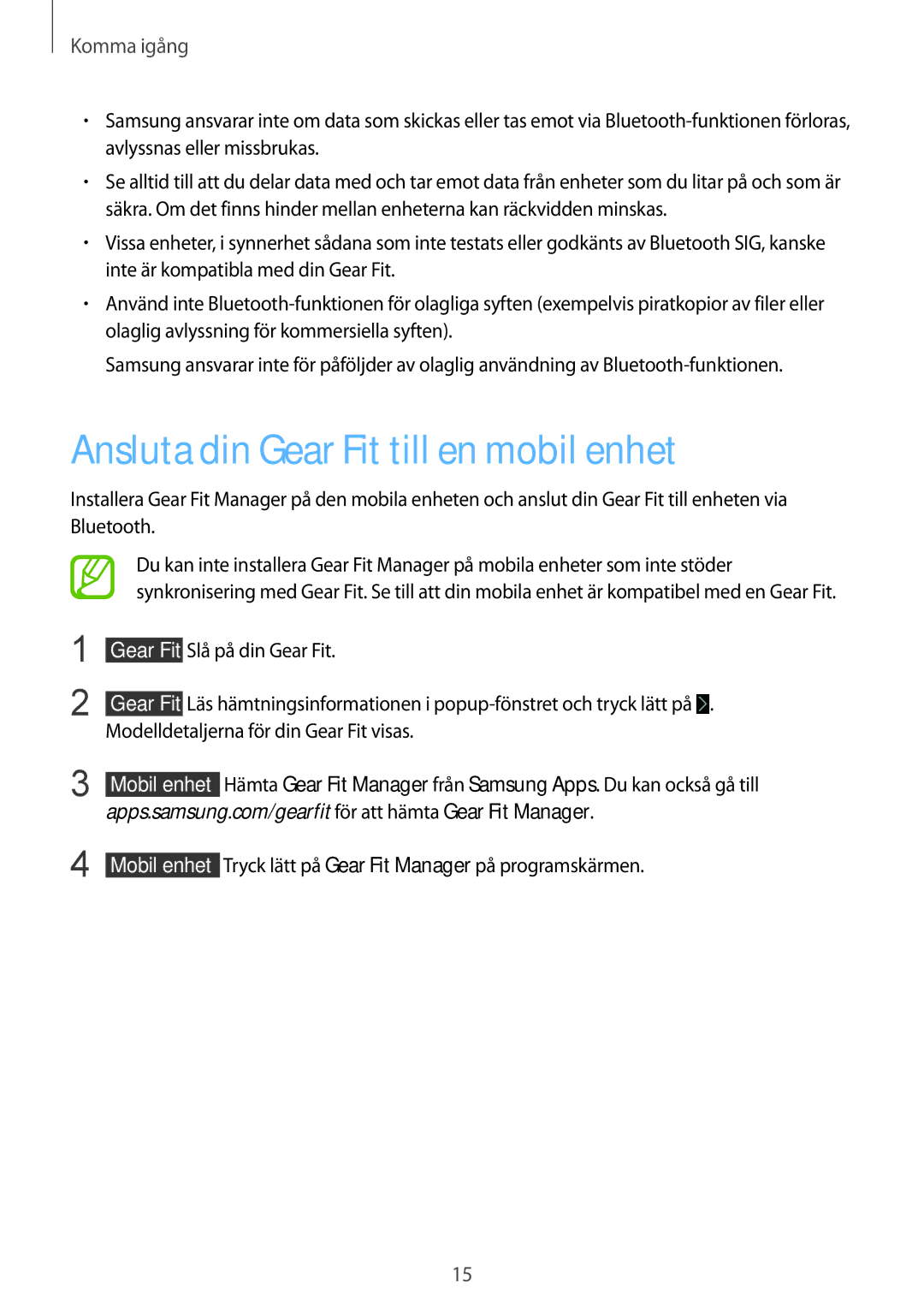 Samsung SM-R3500ZWANEE, SM-R3500ZKANEE manual Ansluta din Gear Fit till en mobil enhet 