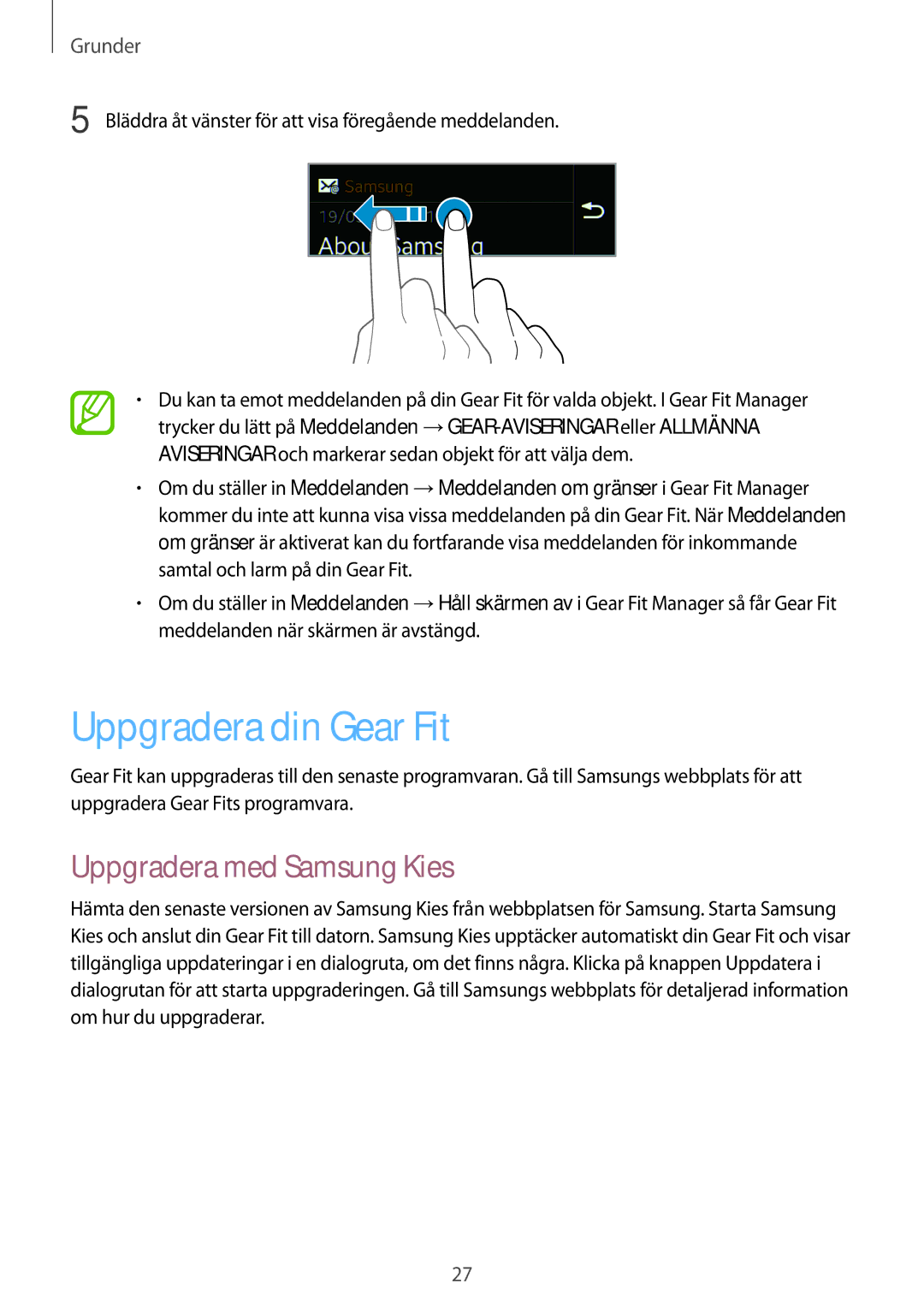 Samsung SM-R3500ZWANEE, SM-R3500ZKANEE manual Uppgradera din Gear Fit, Uppgradera med Samsung Kies 