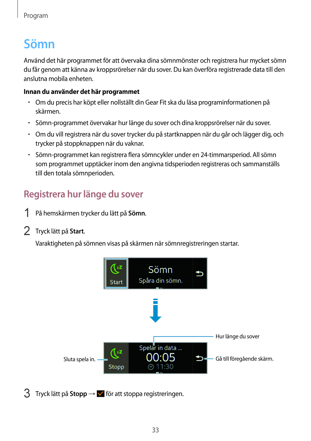 Samsung SM-R3500ZWANEE, SM-R3500ZKANEE manual Sömn, Registrera hur länge du sover, Innan du använder det här programmet 