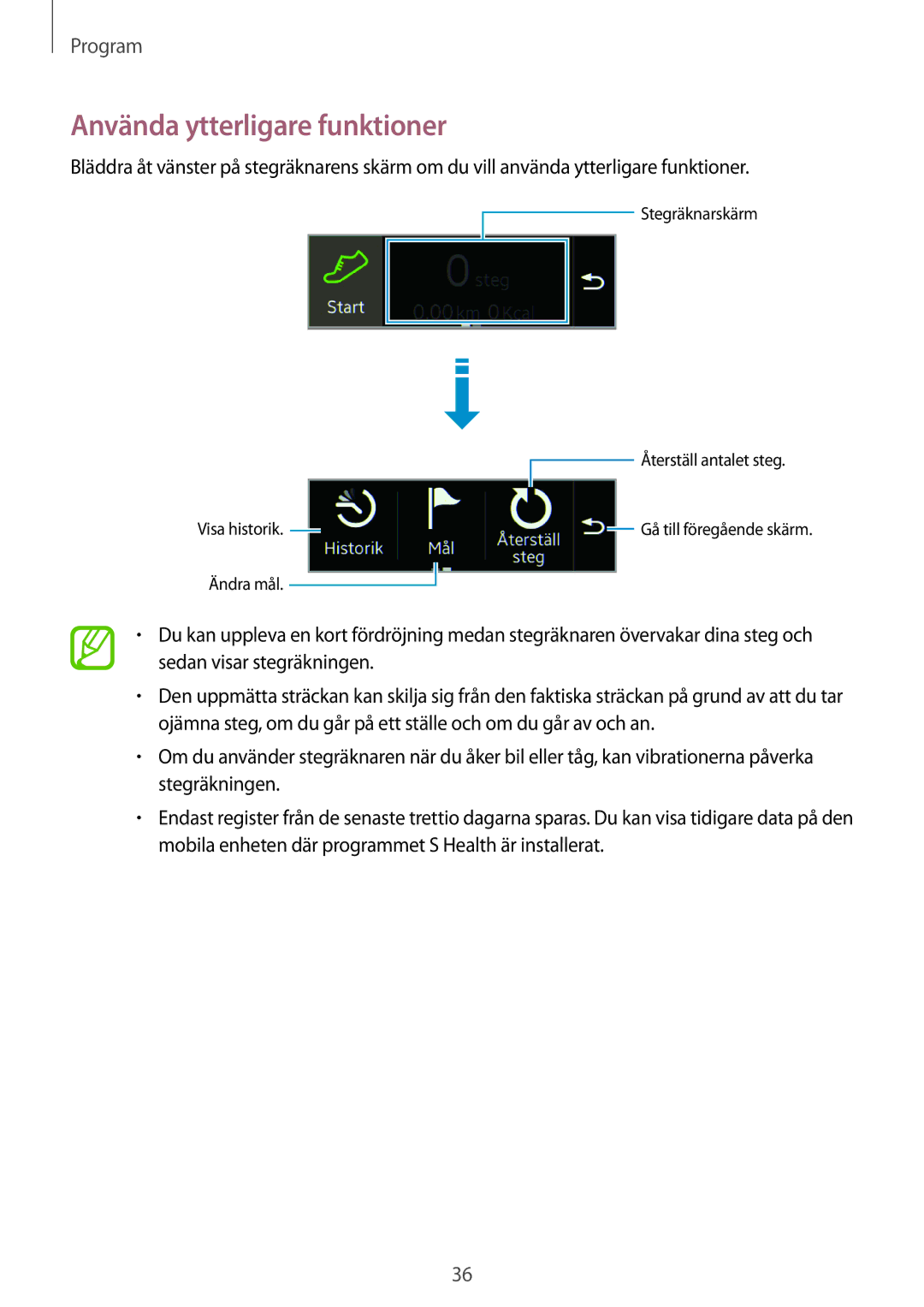 Samsung SM-R3500ZKANEE, SM-R3500ZWANEE manual Stegräknarskärm Återställ antalet steg 