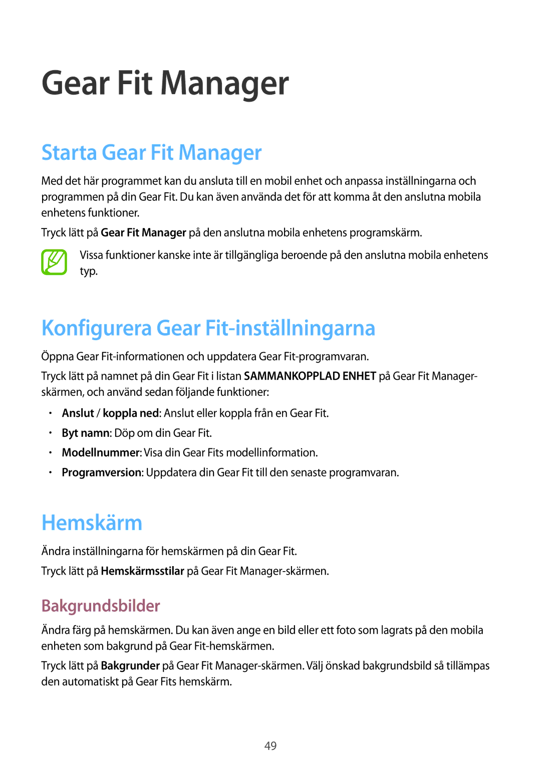 Samsung SM-R3500ZWANEE manual Starta Gear Fit Manager, Konfigurera Gear Fit-inställningarna, Hemskärm, Bakgrundsbilder 