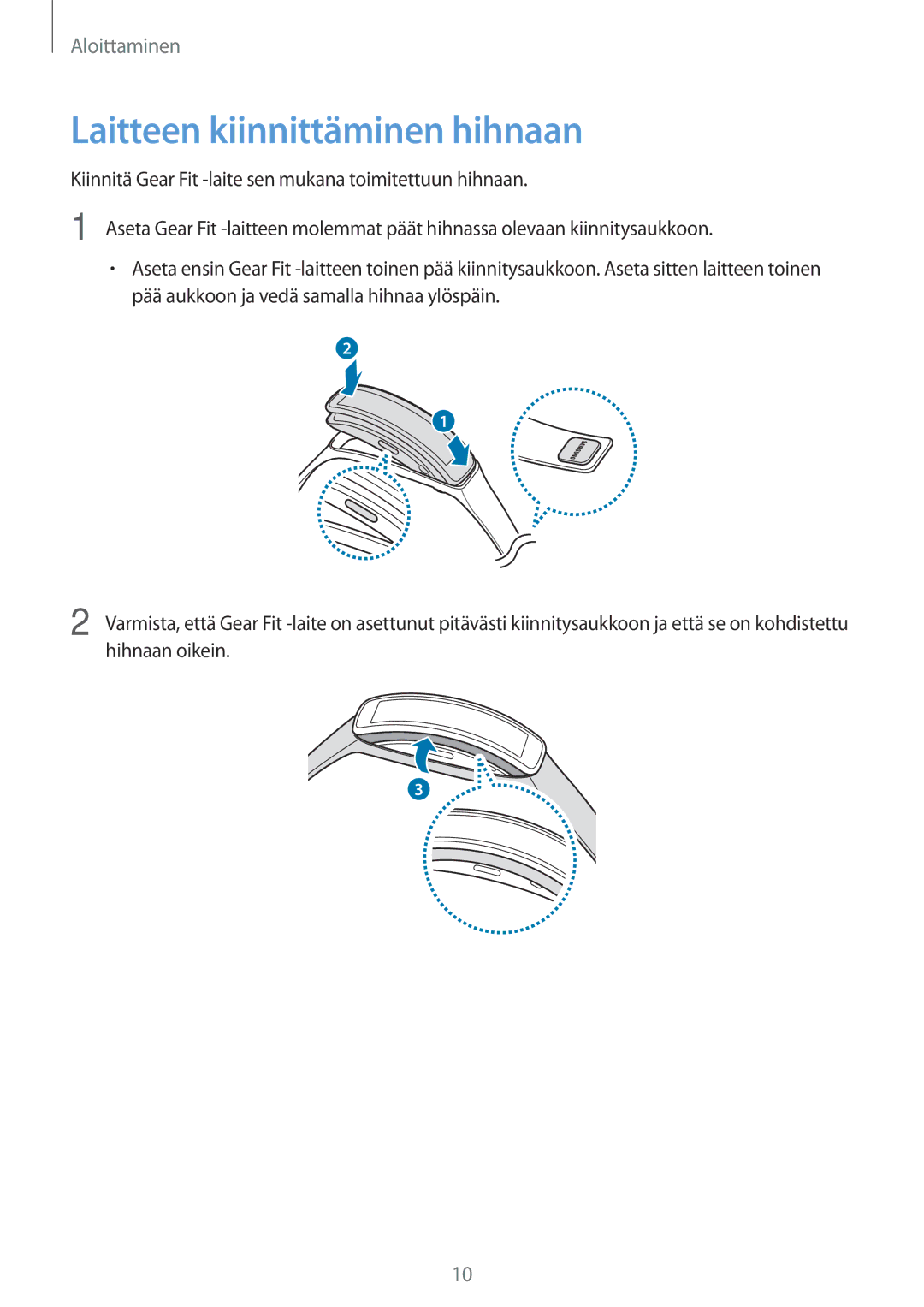 Samsung SM-R3500ZKANEE, SM-R3500ZWANEE manual Laitteen kiinnittäminen hihnaan 