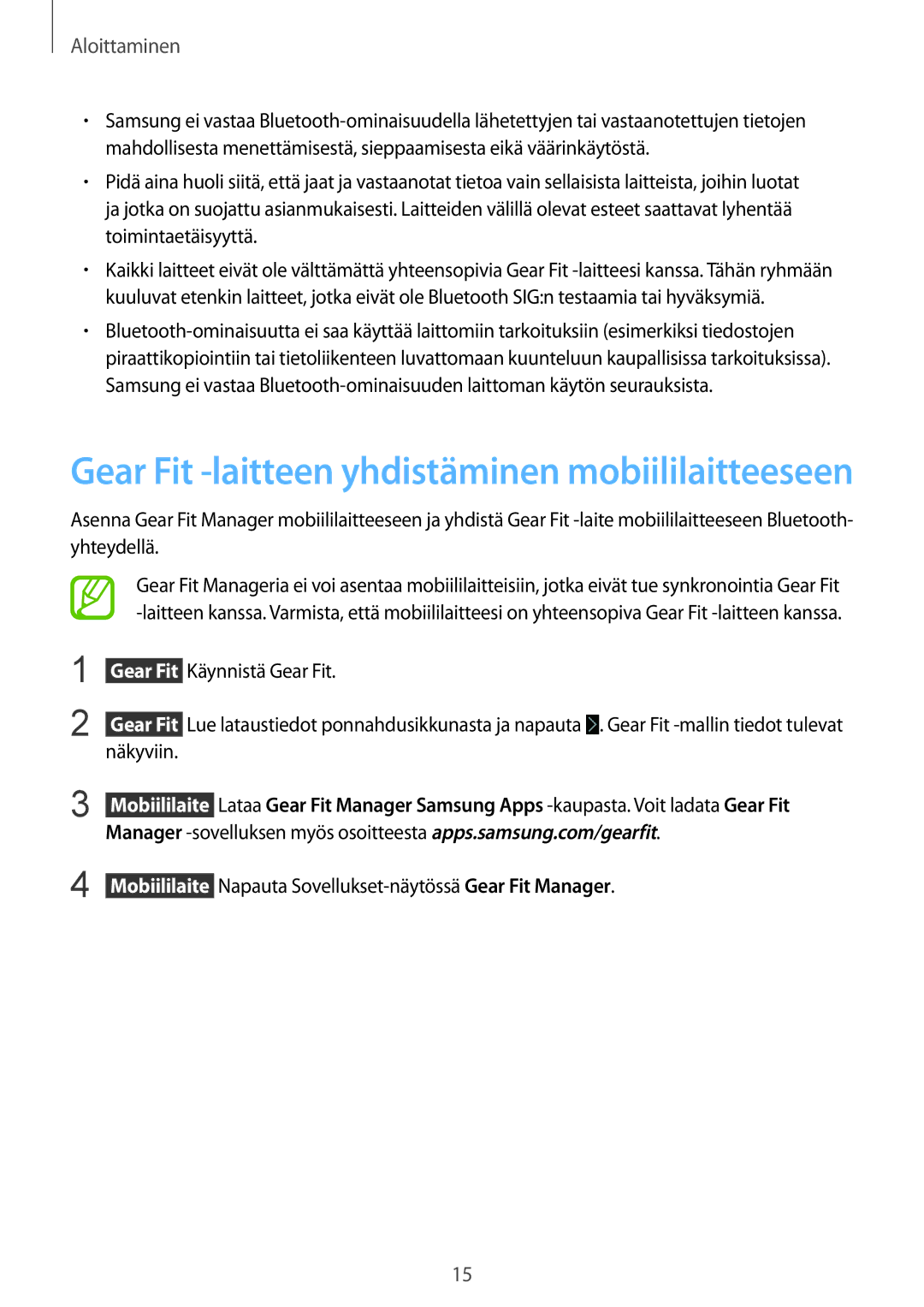 Samsung SM-R3500ZWANEE, SM-R3500ZKANEE manual Gear Fit -laitteen yhdistäminen mobiililaitteeseen 