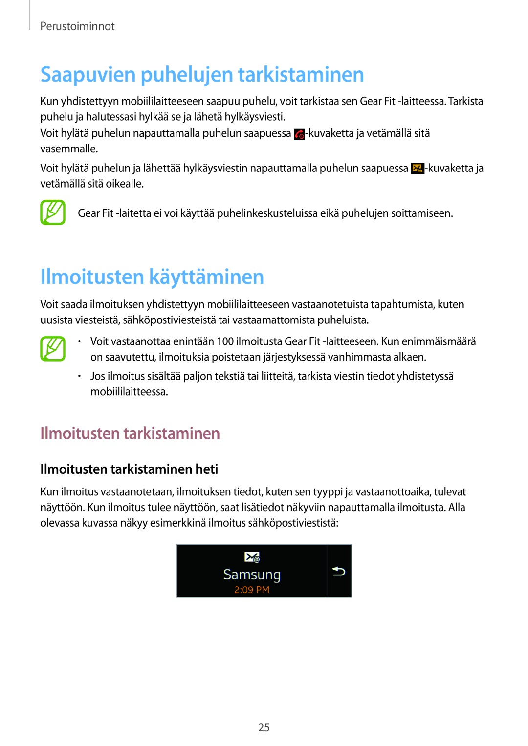 Samsung SM-R3500ZWANEE manual Saapuvien puhelujen tarkistaminen, Ilmoitusten käyttäminen, Ilmoitusten tarkistaminen 