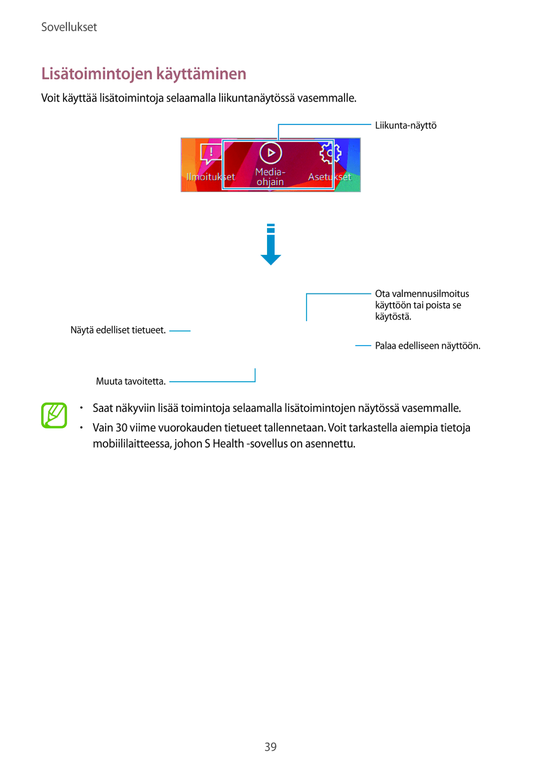 Samsung SM-R3500ZWANEE, SM-R3500ZKANEE manual Liikunta-näyttö 