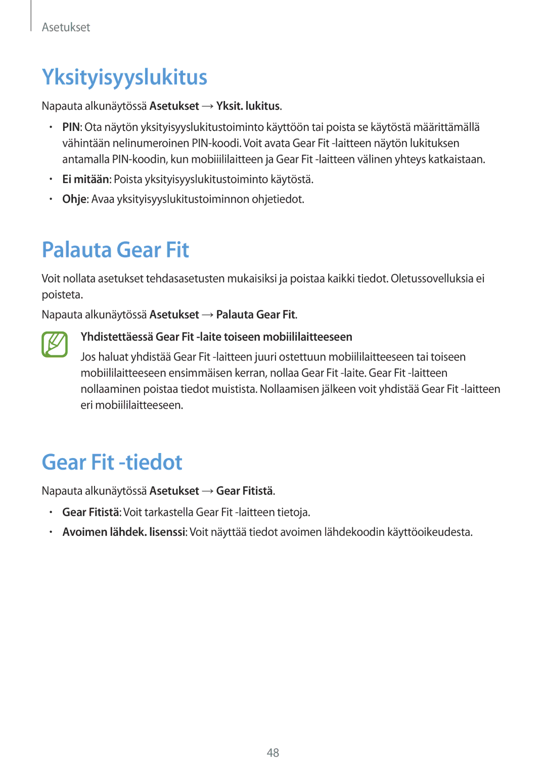 Samsung SM-R3500ZKANEE, SM-R3500ZWANEE manual Yksityisyyslukitus, Palauta Gear Fit, Gear Fit -tiedot 