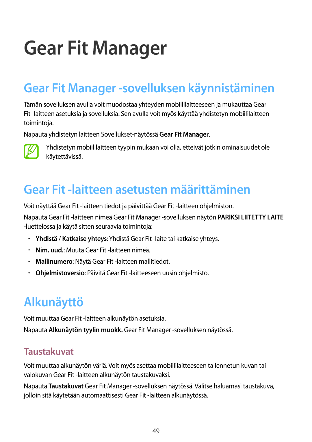 Samsung SM-R3500ZWANEE manual Gear Fit Manager, Gear Fit -laitteen asetusten määrittäminen, Alkunäyttö, Taustakuvat 