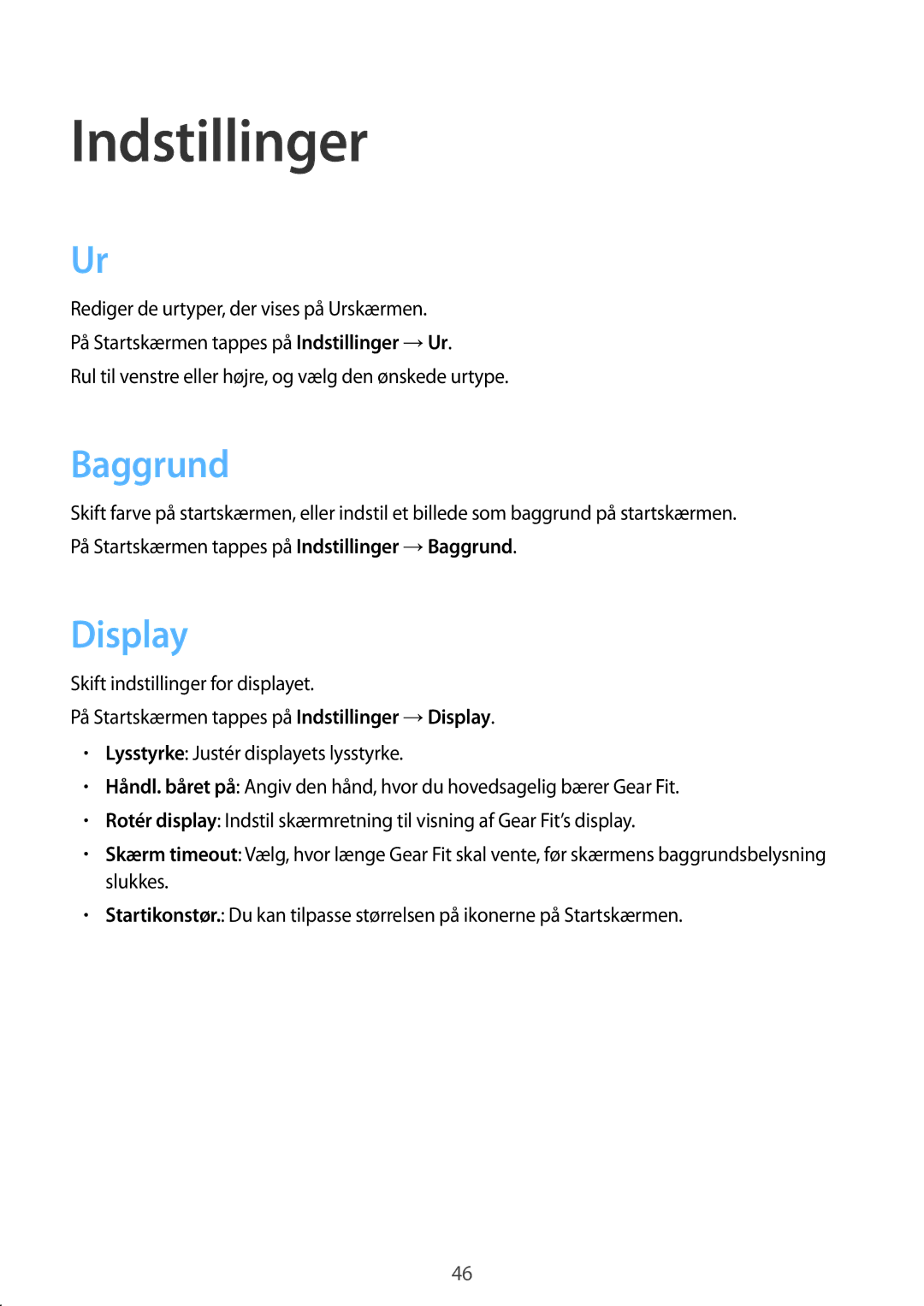 Samsung SM-R3500ZKANEE, SM-R3500ZWANEE manual Indstillinger, Baggrund, Display 