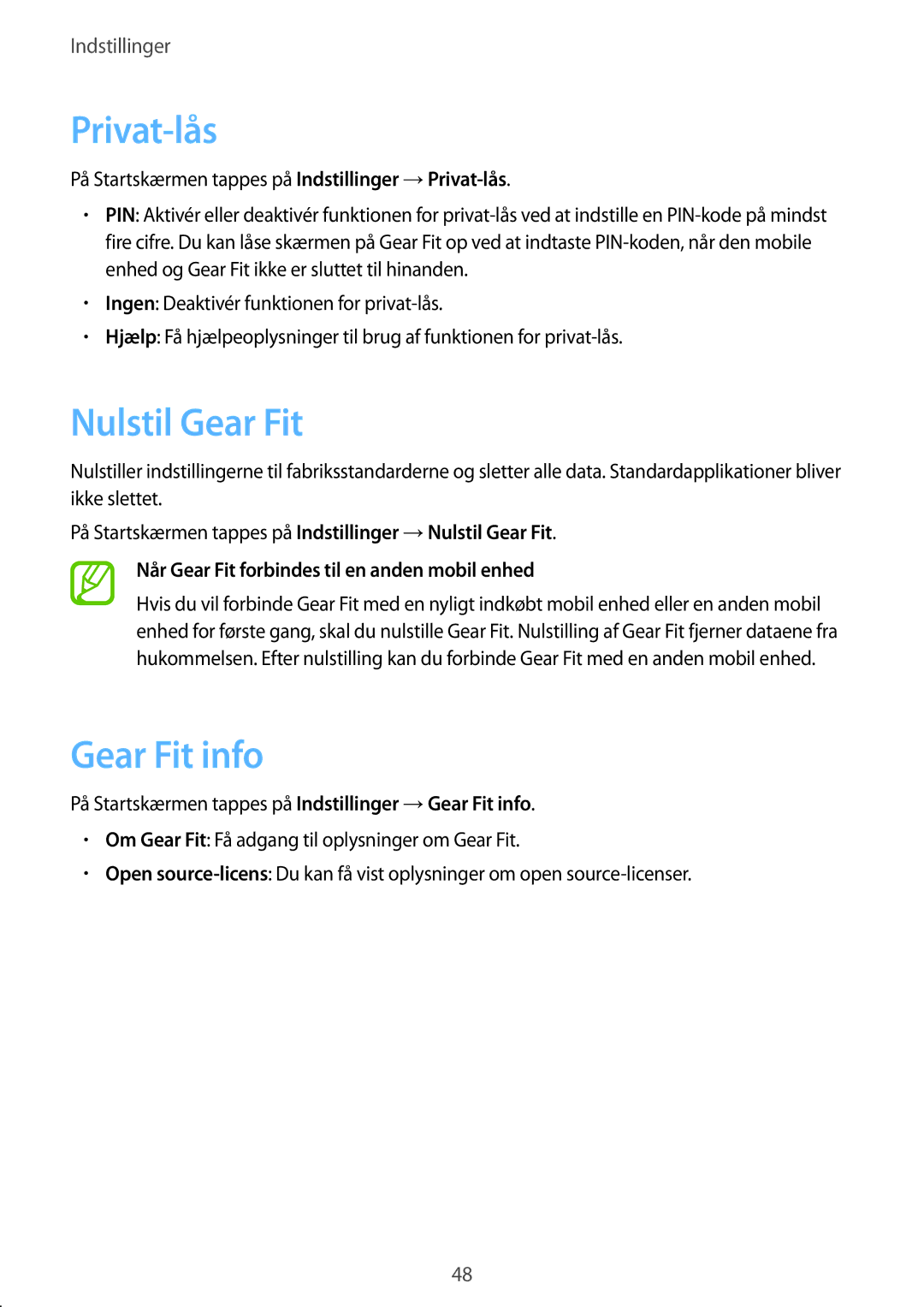 Samsung SM-R3500ZKANEE, SM-R3500ZWANEE manual Privat-lås, Nulstil Gear Fit, Gear Fit info 