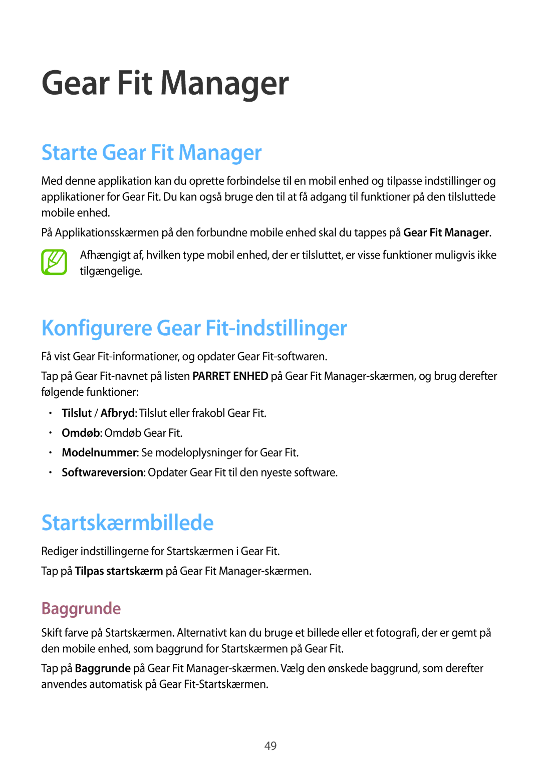 Samsung SM-R3500ZWANEE manual Starte Gear Fit Manager, Konfigurere Gear Fit-indstillinger, Startskærmbillede, Baggrunde 