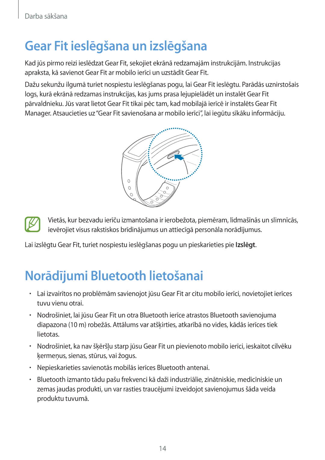Samsung SM-R3500ZKASEB, SM-R3500ZKAEUX manual Gear Fit ieslēgšana un izslēgšana, Norādījumi Bluetooth lietošanai 