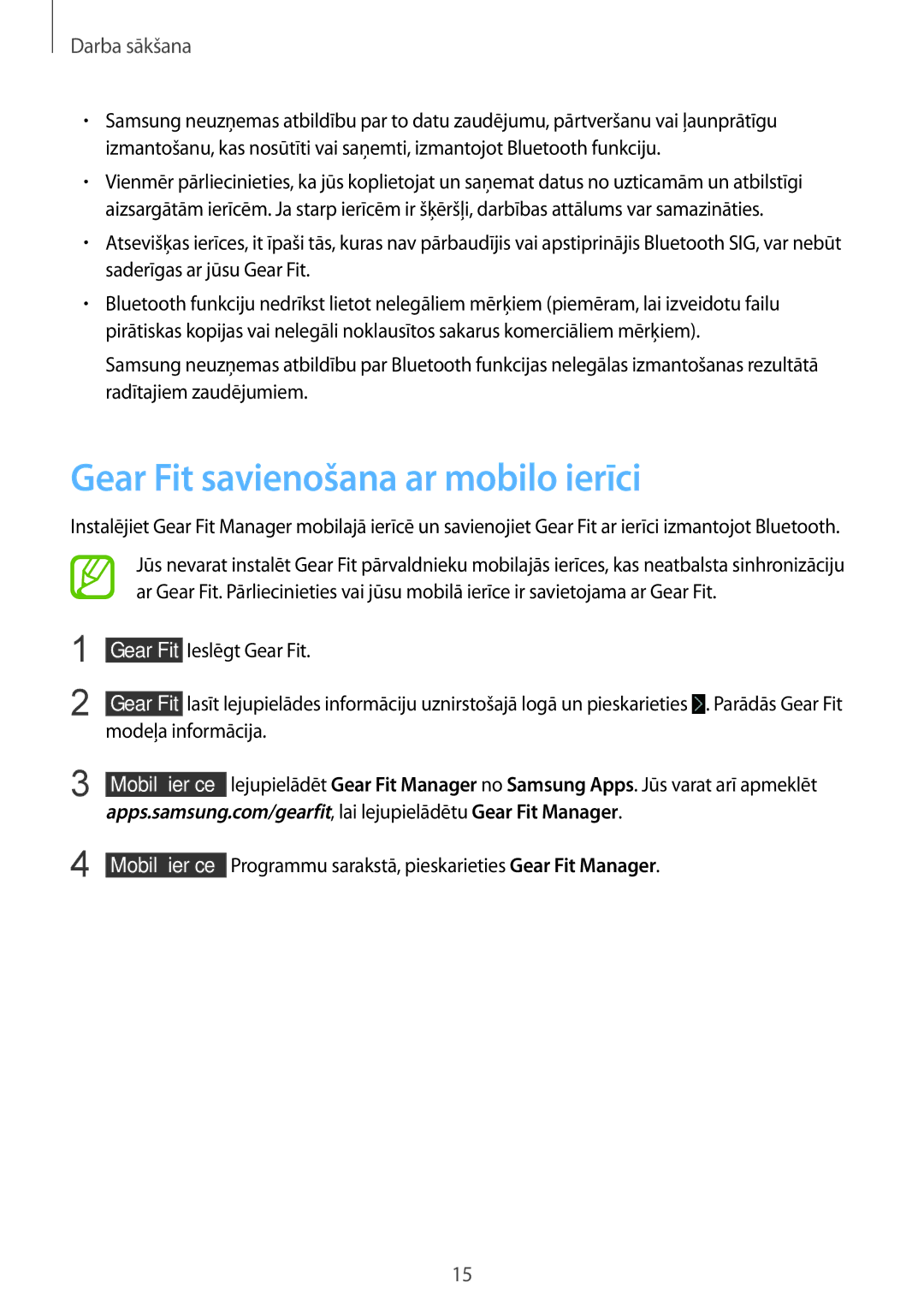 Samsung SM-R3500ZKAEUX, SM-R3500ZKASEB manual Gear Fit savienošana ar mobilo ierīci 