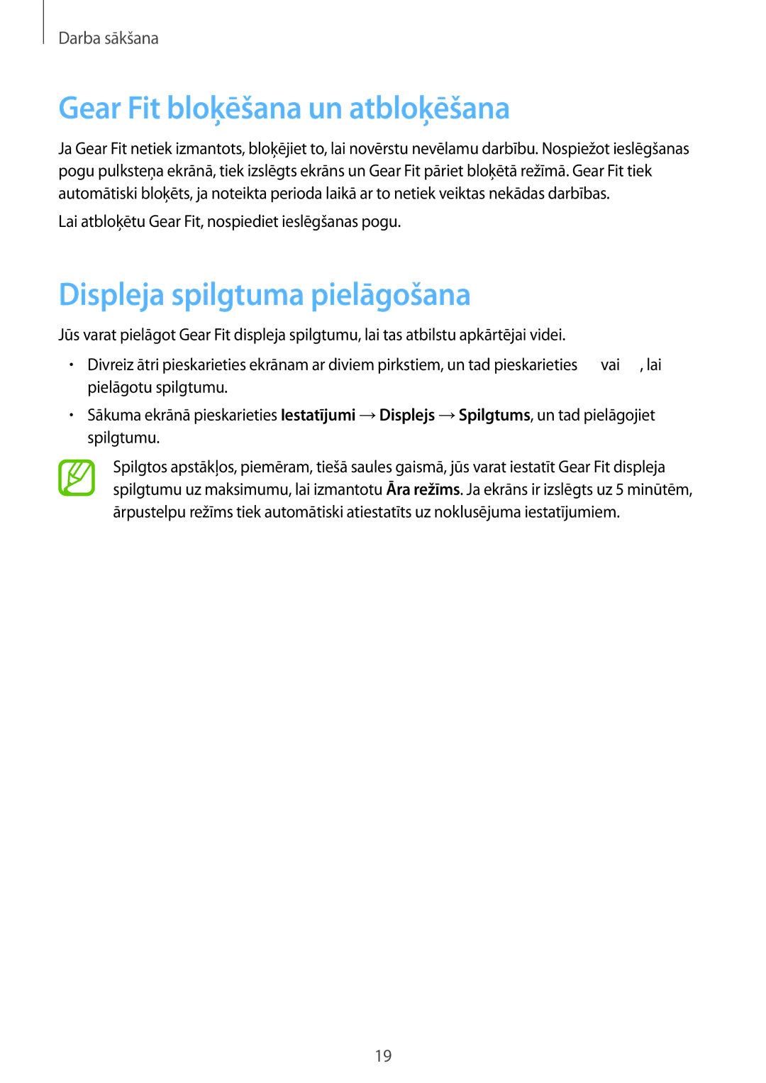 Samsung SM-R3500ZKAEUX, SM-R3500ZKASEB manual Gear Fit bloķēšana un atbloķēšana, Displeja spilgtuma pielāgošana 