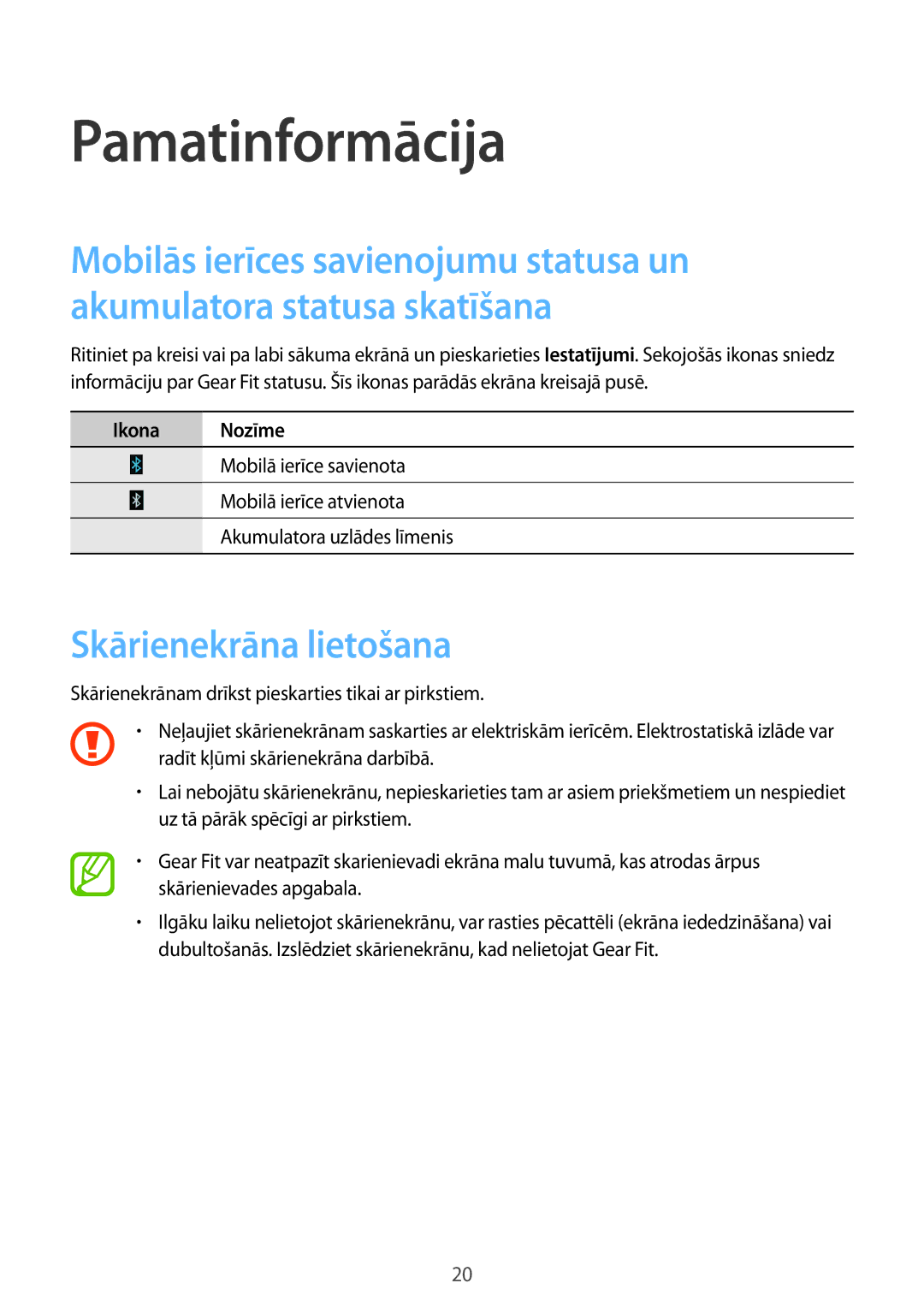 Samsung SM-R3500ZKASEB, SM-R3500ZKAEUX manual Pamatinformācija, Skārienekrāna lietošana, Ikona Nozīme 