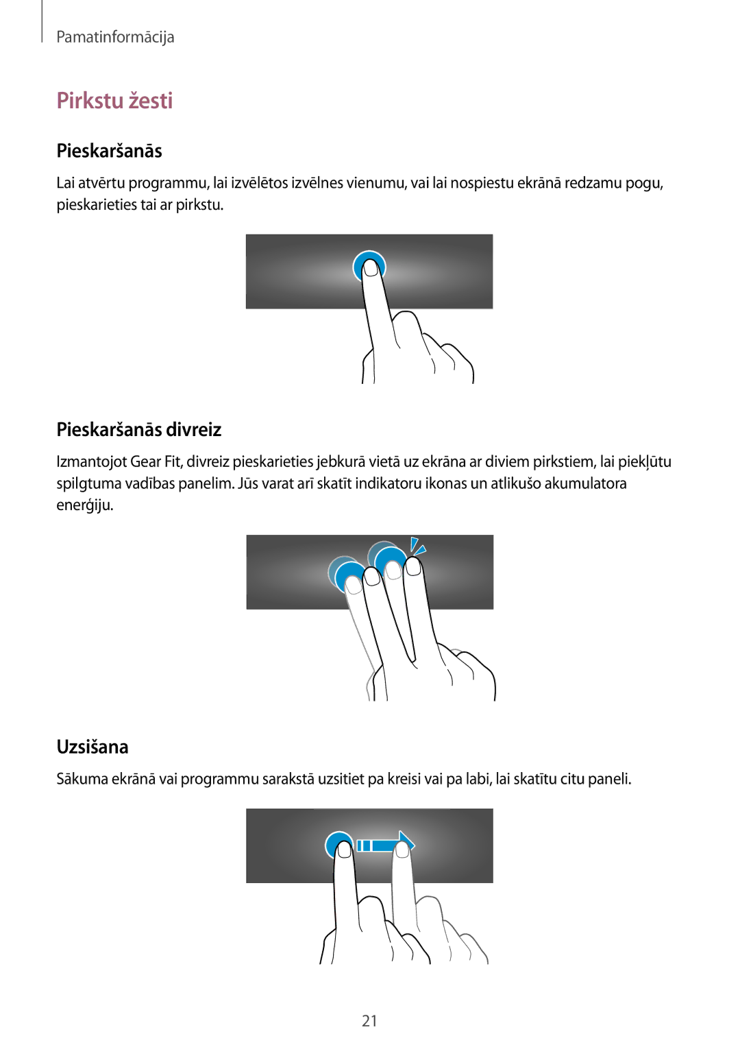 Samsung SM-R3500ZKAEUX, SM-R3500ZKASEB manual Pirkstu žesti, Pieskaršanās 