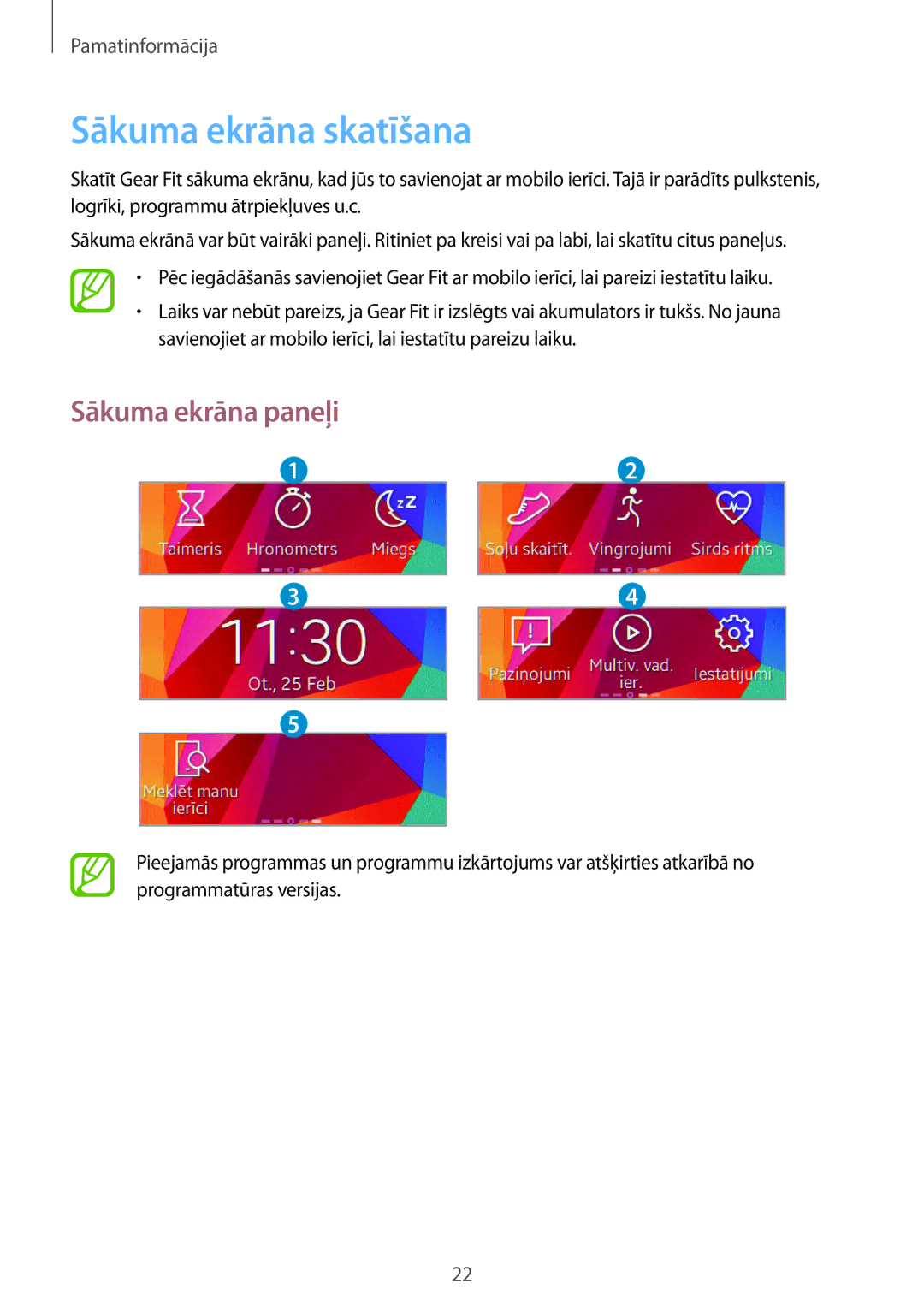 Samsung SM-R3500ZKASEB, SM-R3500ZKAEUX manual Sākuma ekrāna skatīšana, Sākuma ekrāna paneļi 