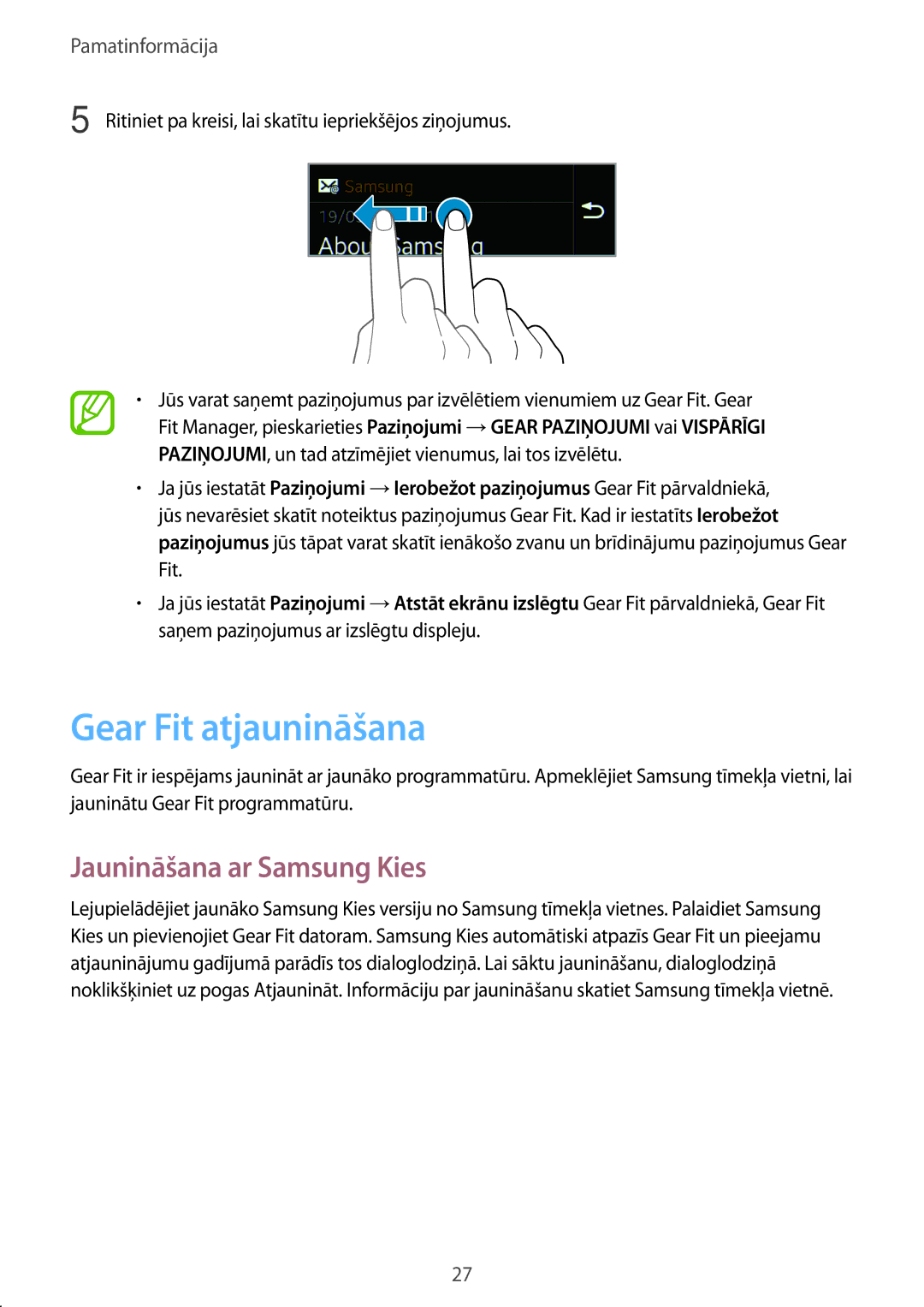 Samsung SM-R3500ZKAEUX, SM-R3500ZKASEB manual Gear Fit atjaunināšana, Jaunināšana ar Samsung Kies 