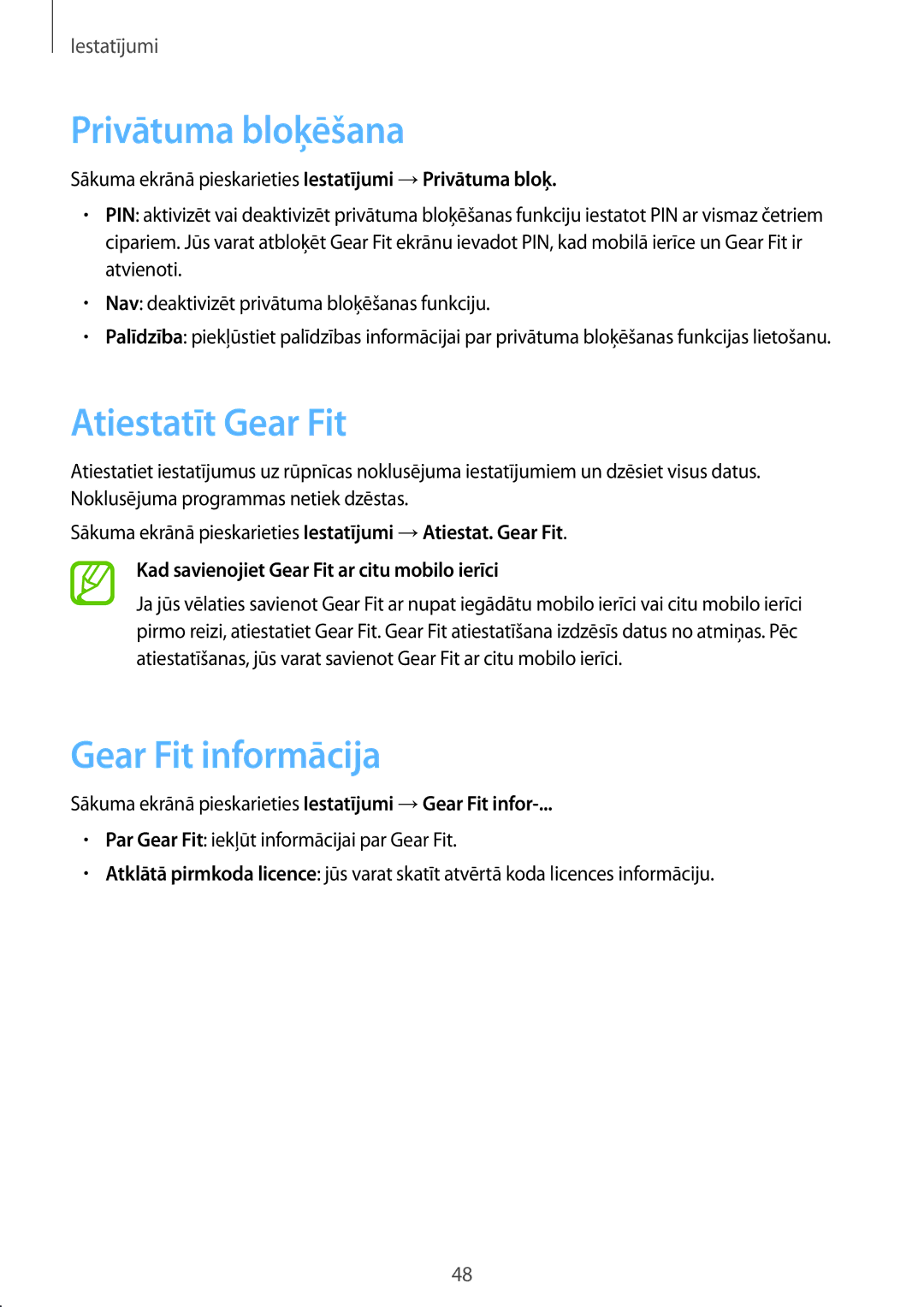 Samsung SM-R3500ZKASEB, SM-R3500ZKAEUX manual Privātuma bloķēšana, Atiestatīt Gear Fit, Gear Fit informācija 