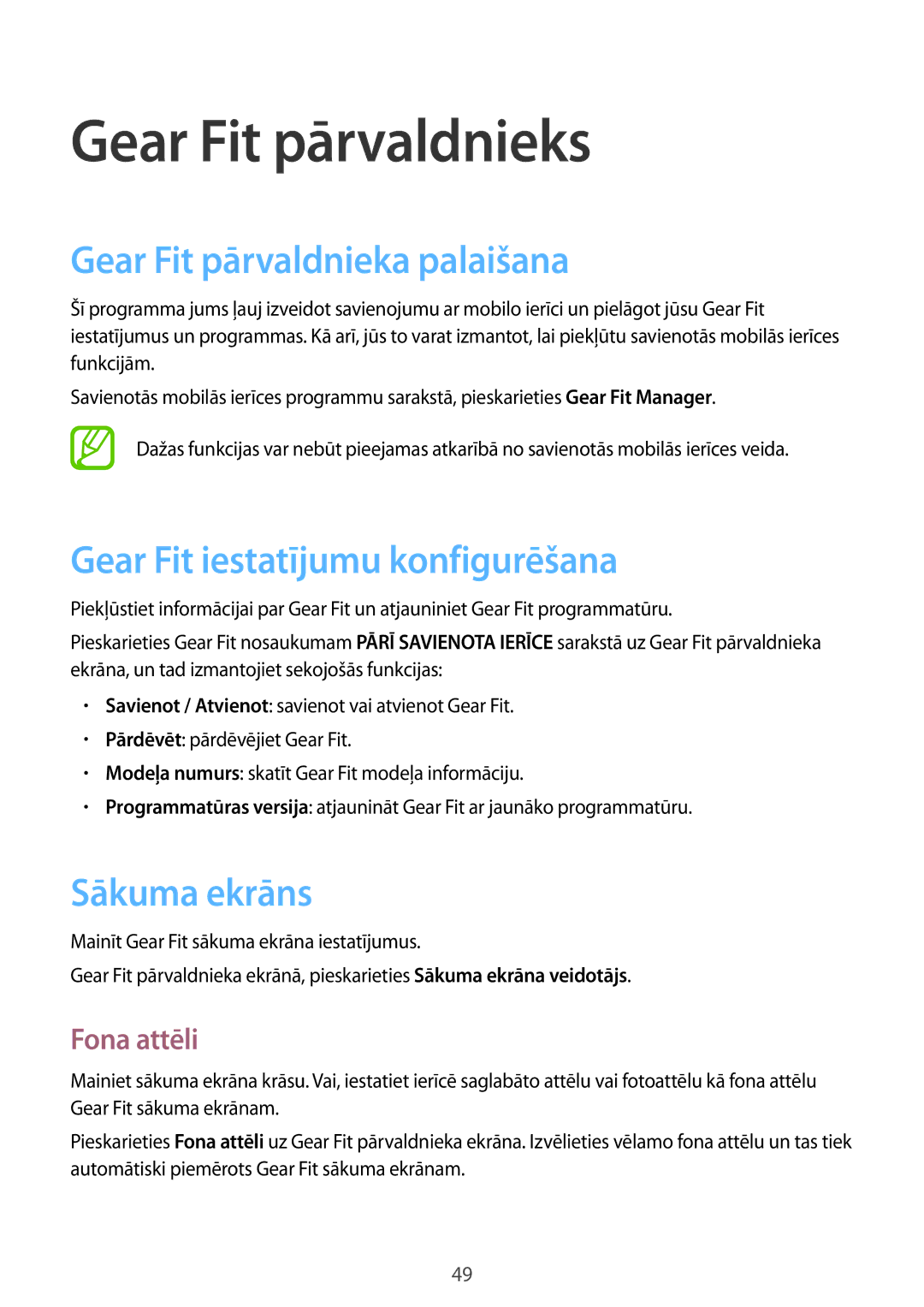 Samsung SM-R3500ZKAEUX manual Gear Fit pārvaldnieks, Gear Fit pārvaldnieka palaišana, Gear Fit iestatījumu konfigurēšana 