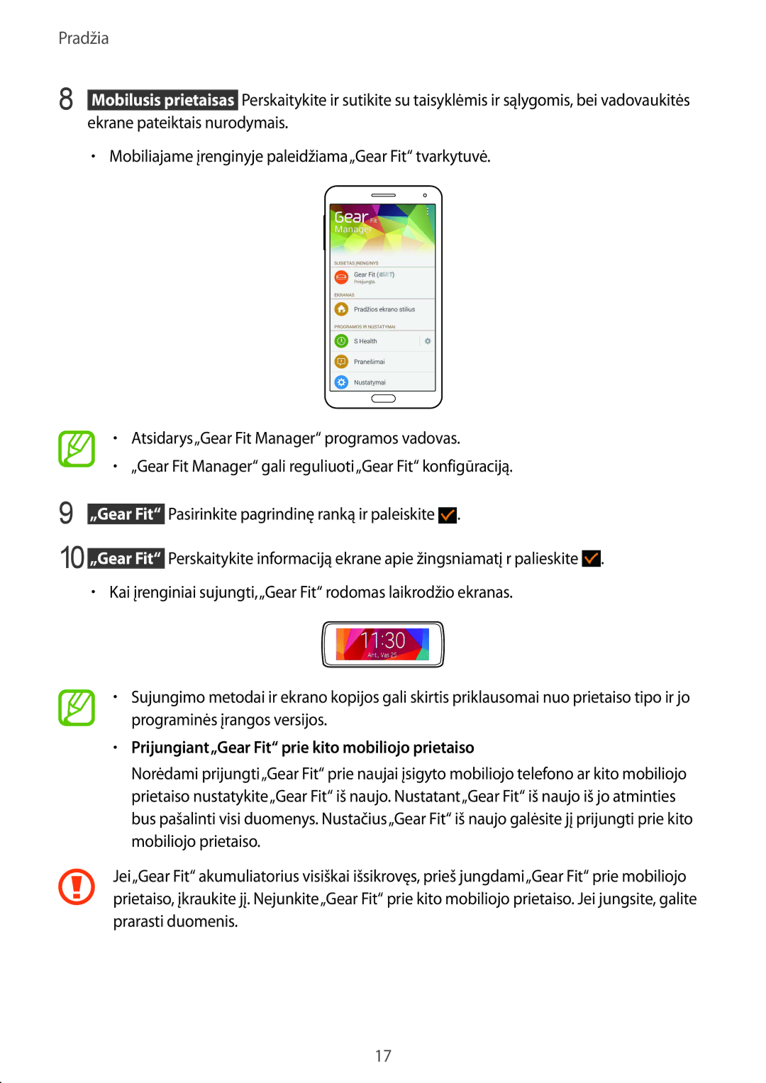 Samsung SM-R3500ZKAEUX Pasirinkite pagrindinę ranką ir paleiskite, Prijungiant„Gear Fit prie kito mobiliojo prietaiso 