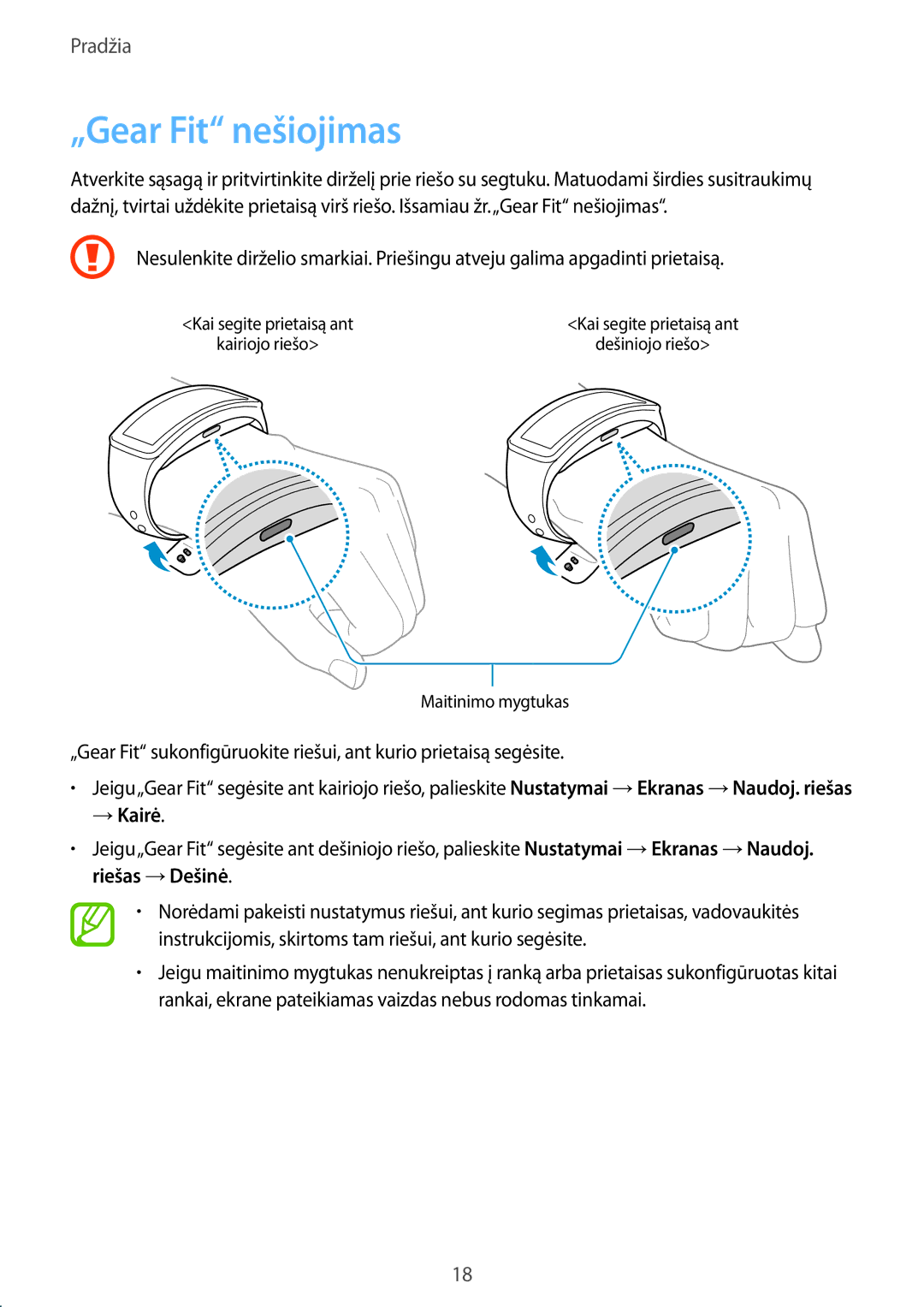 Samsung SM-R3500ZKASEB, SM-R3500ZKAEUX manual „Gear Fit nešiojimas, → Kairė 