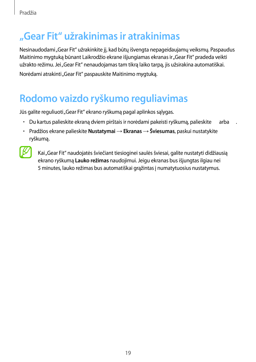 Samsung SM-R3500ZKAEUX, SM-R3500ZKASEB manual „Gear Fit užrakinimas ir atrakinimas, Rodomo vaizdo ryškumo reguliavimas 