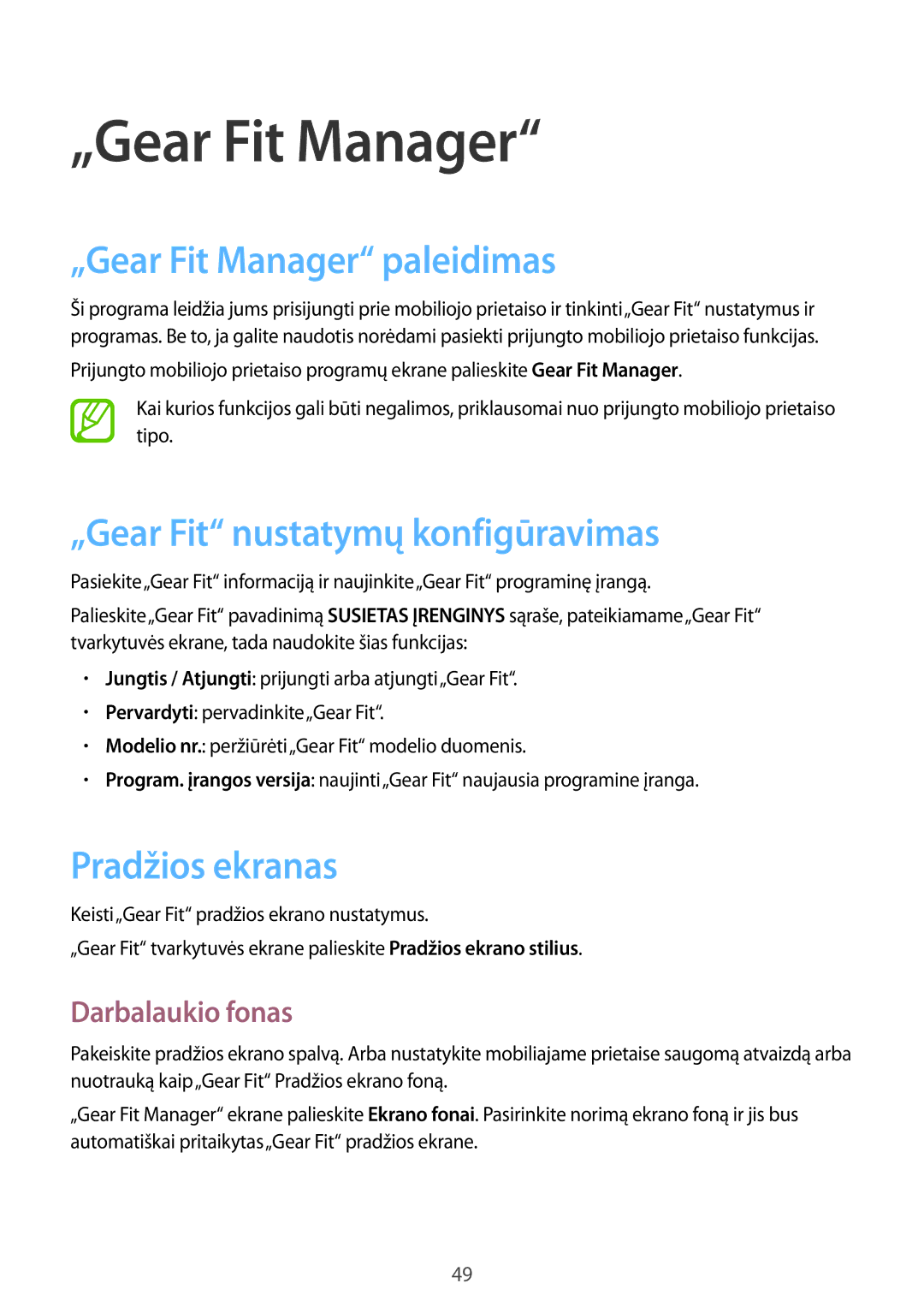 Samsung SM-R3500ZKAEUX manual „Gear Fit Manager paleidimas, „Gear Fit nustatymų konfigūravimas, Pradžios ekranas 