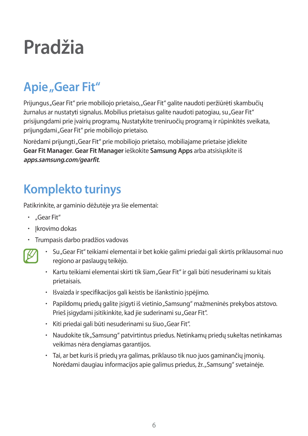 Samsung SM-R3500ZKASEB, SM-R3500ZKAEUX manual Pradžia, Apie„Gear Fit, Komplekto turinys 