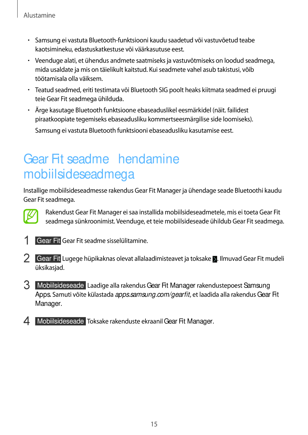 Samsung SM-R3500ZKAEUX, SM-R3500ZKASEB manual Gear Fit seadme ühendamine mobiilsideseadmega 