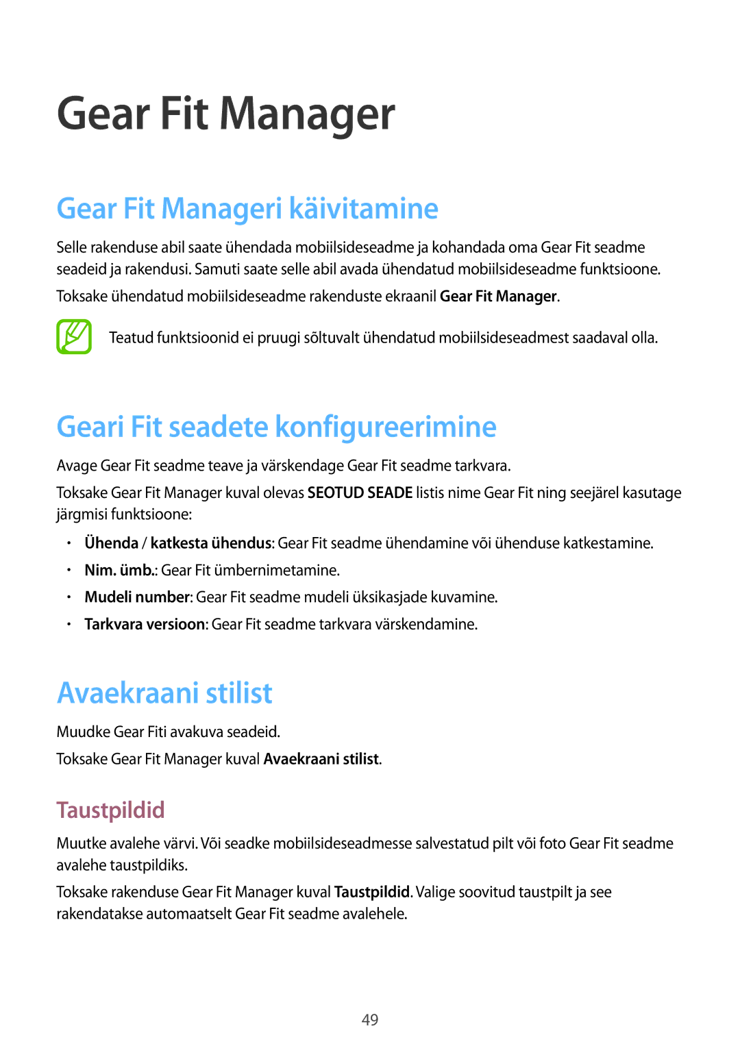 Samsung SM-R3500ZKAEUX manual Gear Fit Manageri käivitamine, Geari Fit seadete konfigureerimine, Avaekraani stilist 