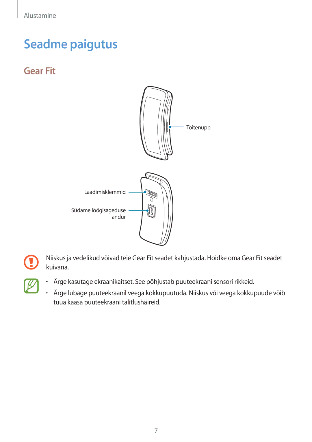 Samsung SM-R3500ZKAEUX, SM-R3500ZKASEB manual Seadme paigutus, Gear Fit 