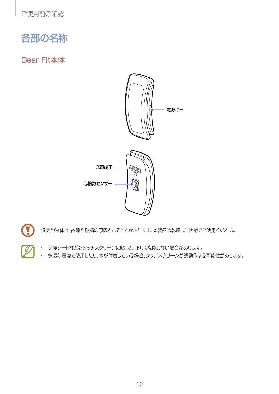 Samsung SM-R3500ZKAKDI, SM-R3500ZKAXJP, SM-R3500ZKADCM, SM-R3500ZKAEUX manual 各部の名称, Gear Fit本体 