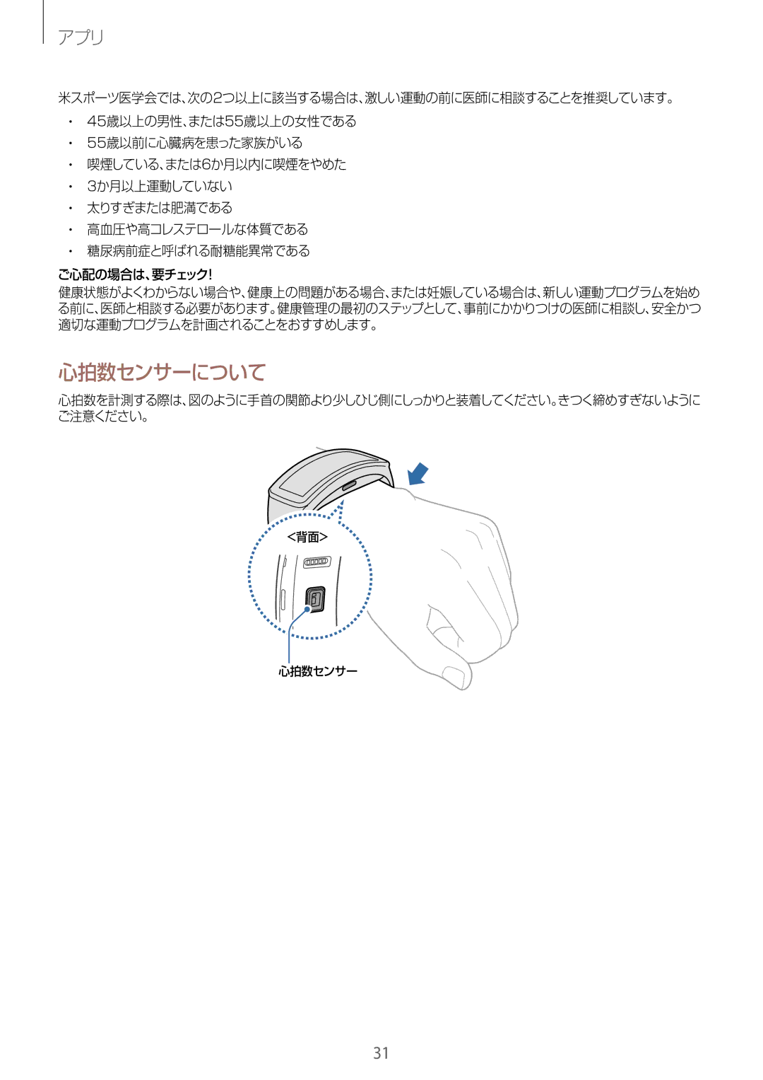 Samsung SM-R3500ZKAEUX, SM-R3500ZKAXJP, SM-R3500ZKADCM, SM-R3500ZKAKDI manual 心拍数センサーについて, アプリ 