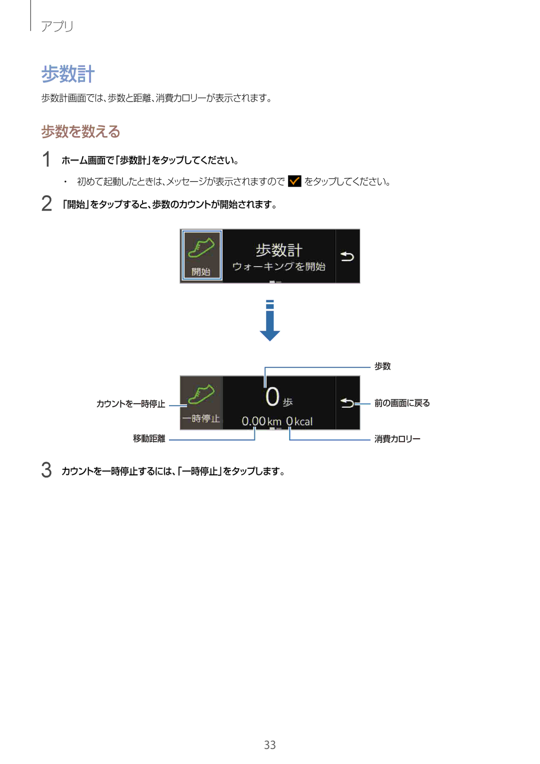 Samsung SM-R3500ZKADCM, SM-R3500ZKAXJP manual 歩数を数える, 歩数計画面では、歩数と距離、消費カロリーが表示されます。, カウントを一時停止するには、「一時停止」をタップします。 