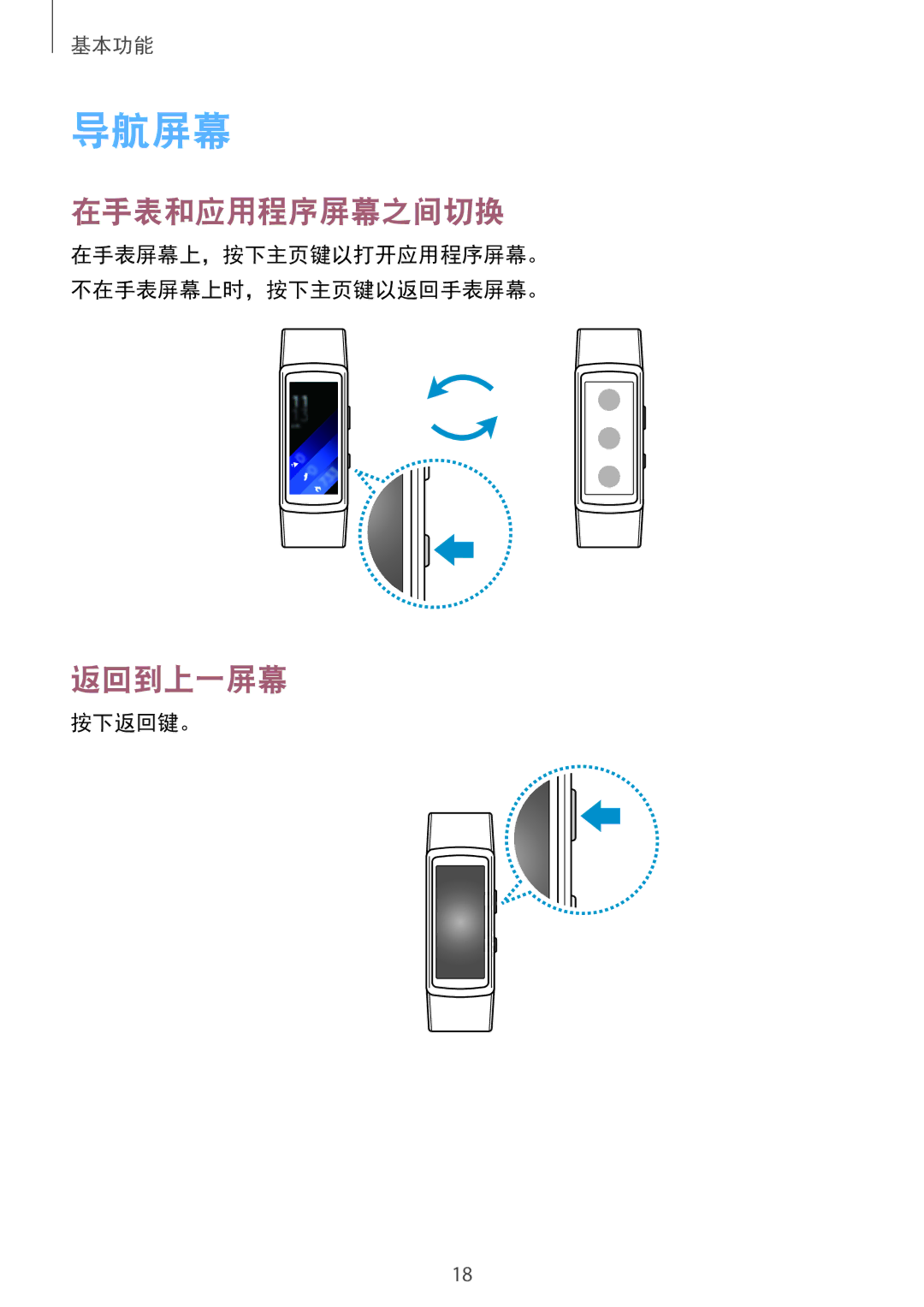 Samsung SM-R3600DAAXXV, SM-R3600ZINXXV manual 导航屏幕, 在手表和应用程序屏幕之间切换, 返回到上一屏幕 