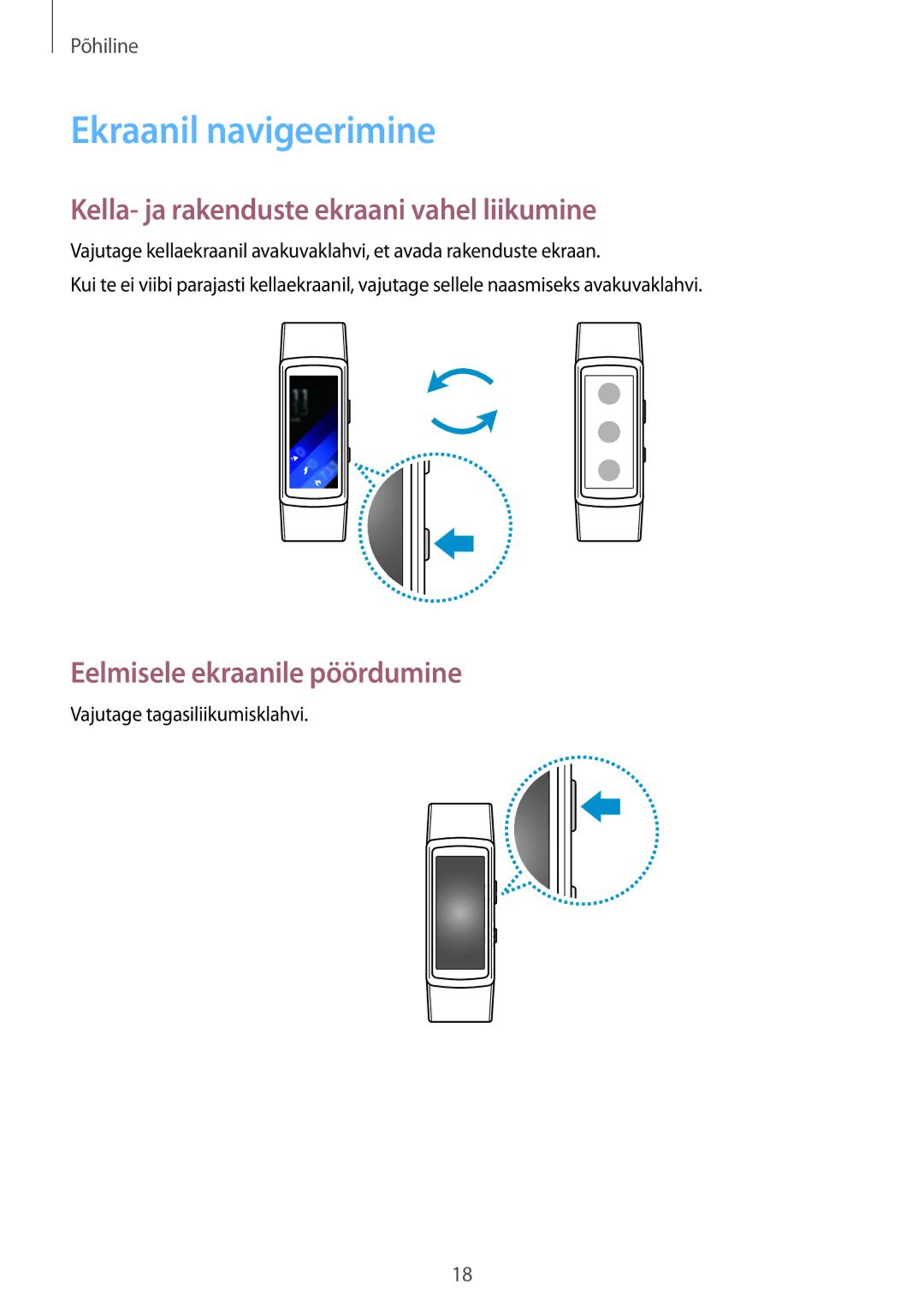 Samsung SM-R3600DAASEB, SM-R3600DANSEB, SM-R3600ZINSEB Ekraanil navigeerimine, Kella- ja rakenduste ekraani vahel liikumine 