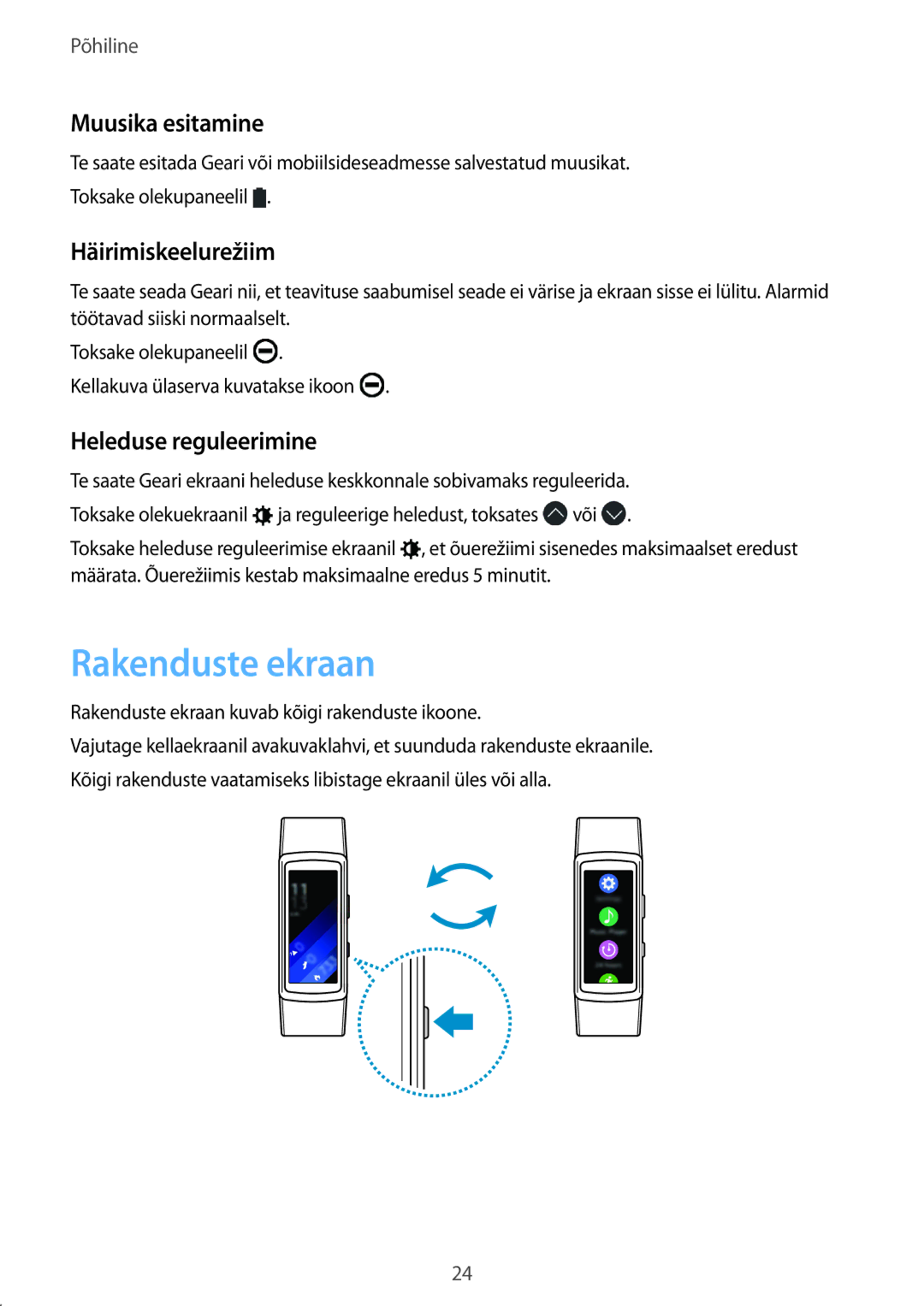 Samsung SM-R3600DANSEB, SM-R3600ZINSEB Rakenduste ekraan, Muusika esitamine, Häirimiskeelurežiim, Heleduse reguleerimine 