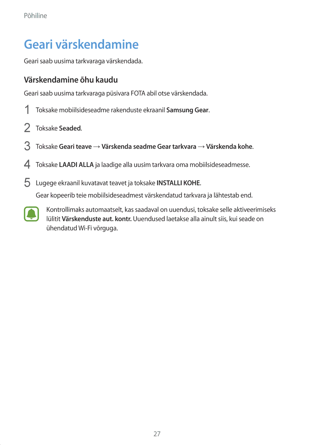 Samsung SM-R3600ZBASEB, SM-R3600DANSEB, SM-R3600ZINSEB, SM-R3600DAASEB manual Geari värskendamine, Värskendamine õhu kaudu 