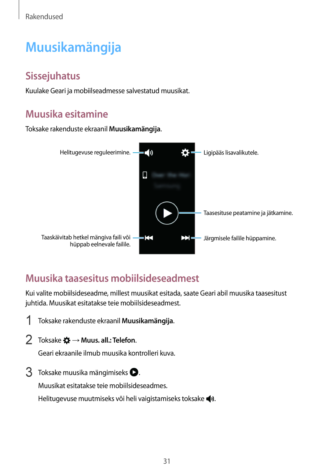 Samsung SM-R3600ZBASEB, SM-R3600DANSEB manual Muusikamängija, Muusika esitamine, Muusika taasesitus mobiilsideseadmest 