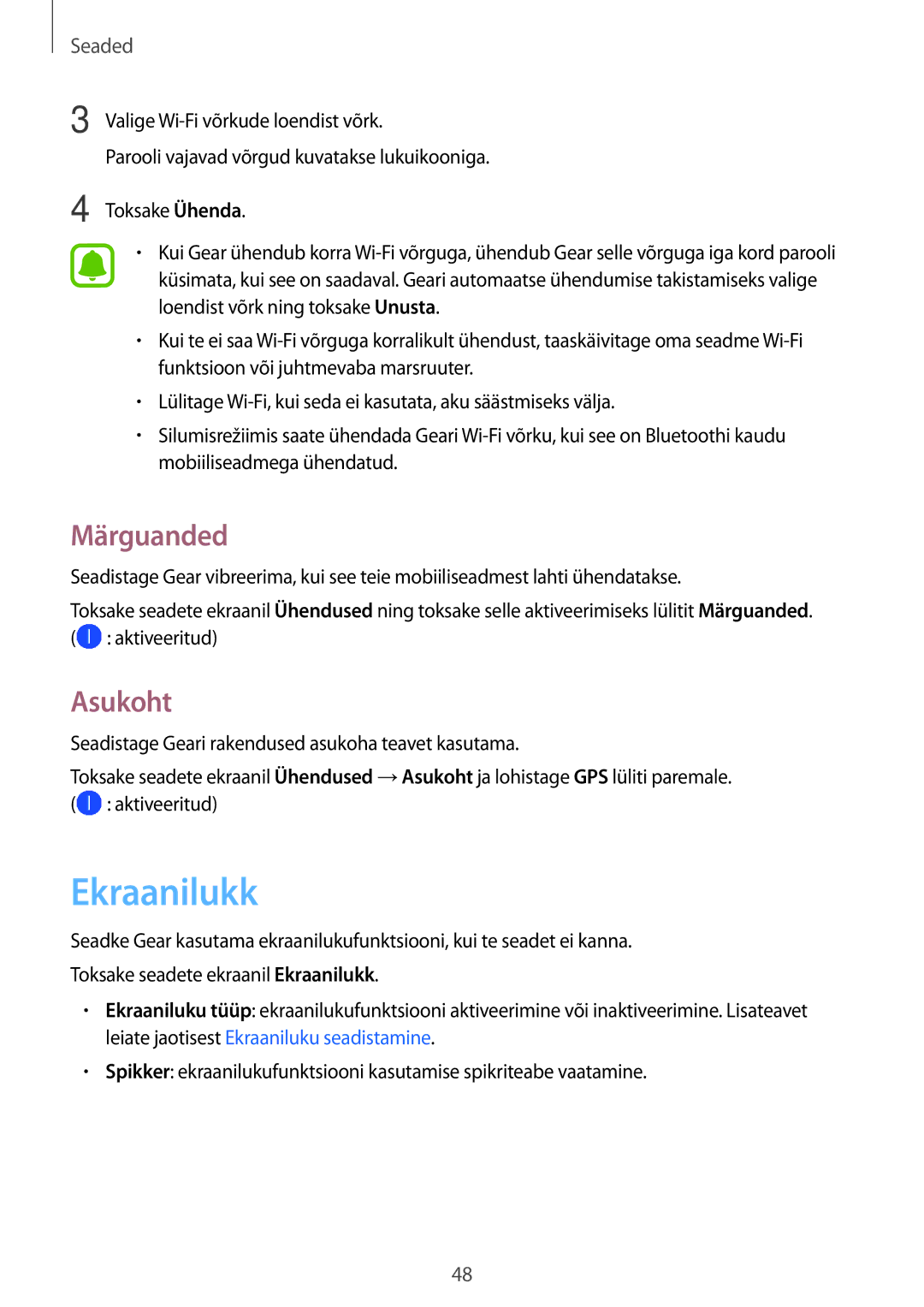 Samsung SM-R3600DANSEB, SM-R3600ZINSEB, SM-R3600DAASEB, SM-R3600ZBASEB manual Ekraanilukk, Märguanded, Asukoht 