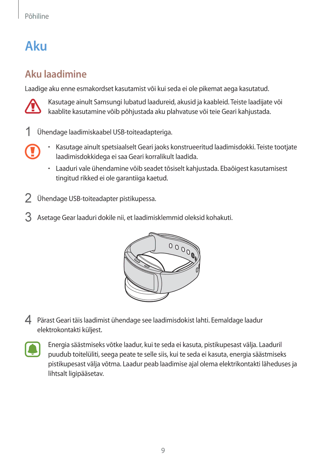 Samsung SM-R3600ZINSEB, SM-R3600DANSEB, SM-R3600DAASEB, SM-R3600ZBASEB manual Aku laadimine 