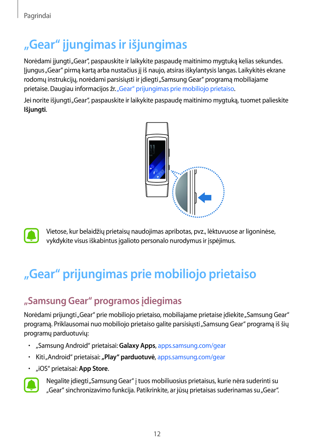 Samsung SM-R3600DANSEB, SM-R3600ZINSEB manual „Gear įjungimas ir išjungimas, „Gear prijungimas prie mobiliojo prietaiso 