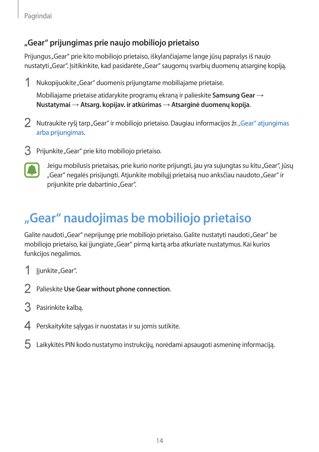 Samsung SM-R3600DAASEB manual „Gear naudojimas be mobiliojo prietaiso, „Gear prijungimas prie naujo mobiliojo prietaiso 